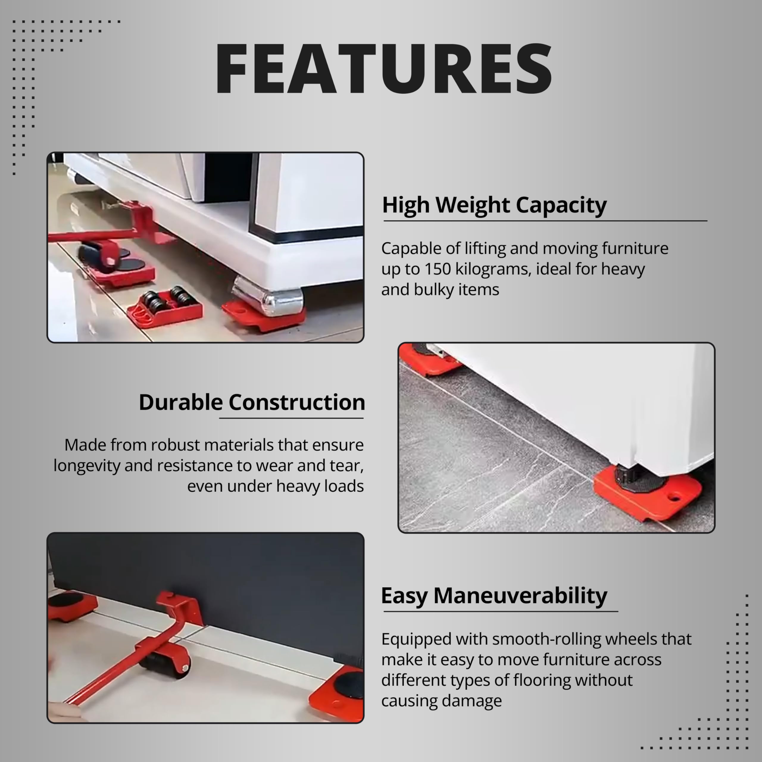 Heavy Duty Furniture Sliders and Movers - 4-Piece Set with 360° Rotational Pads | Supports Up to 150kg (330 lbs) | Easy Furniture Moving Tool for Hardwood Floors, Carpets & Tile | Home, Office & Warehouse Use
