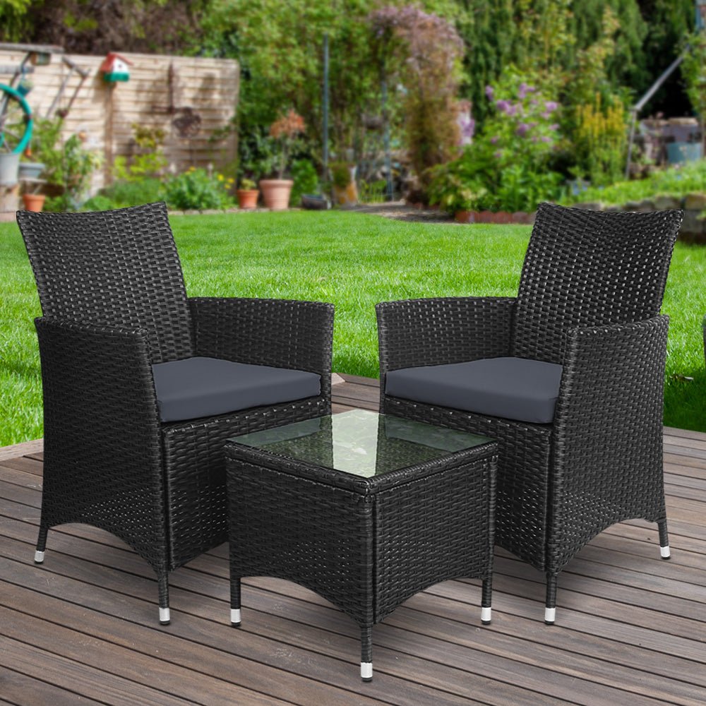 3-Piece Outdoor Bistro Set - Patio Furniture with Wicker Chairs, Table & Cushions in Black - Perfect for Garden, Balcony or Backyard Relaxation