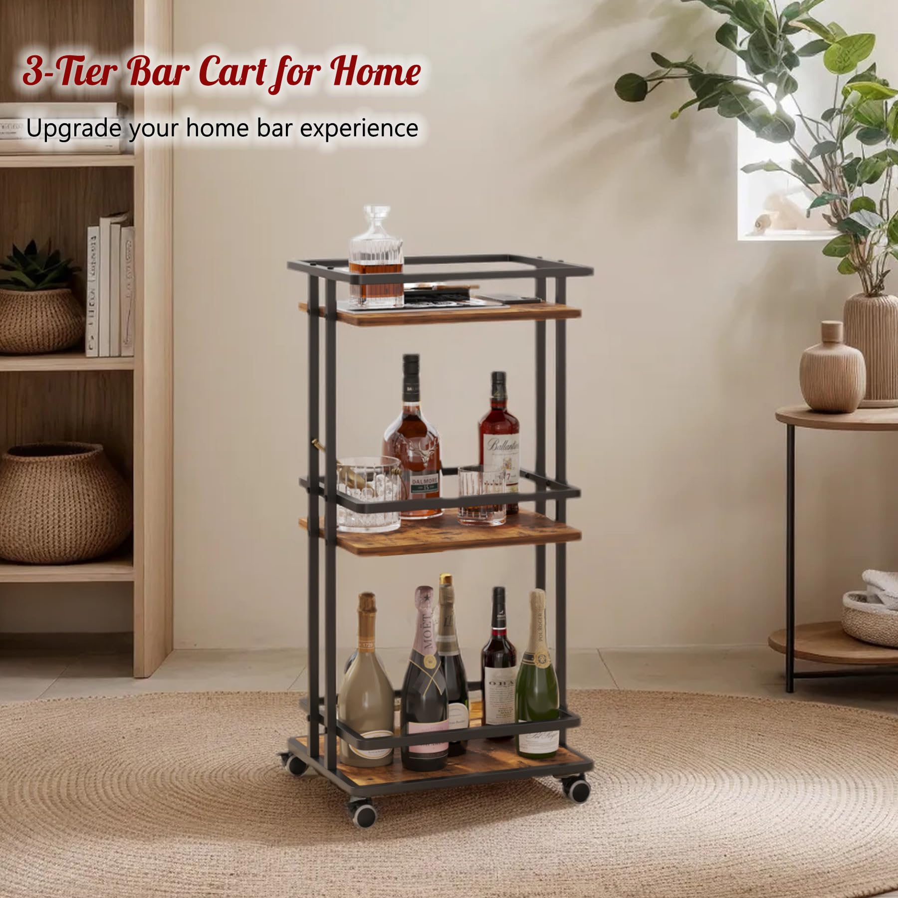 3-Tier Rolling Bar Cart with Wheels & Storage Shelves - Mobile Beverage Station for Coffee, Wine & Home Entertainment - Perfect for Living Room, Kitchen & Party Hosting