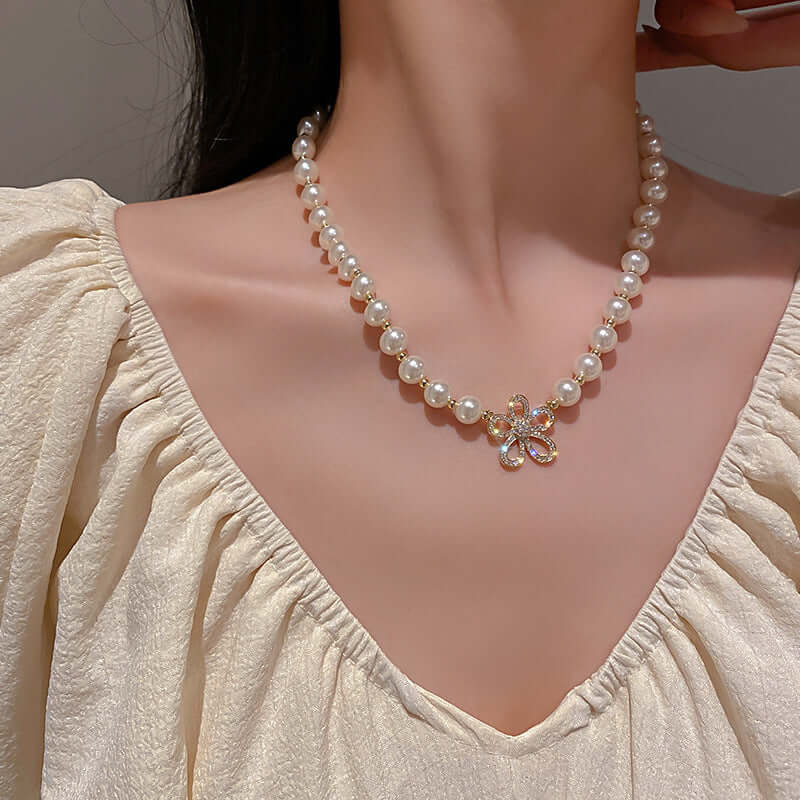 Ivory Pearl Bead Flower Pendant Necklace - Elegant Floral Jewelry for Women | HN1433 | Perfect for Weddings, Parties & Special Occasions