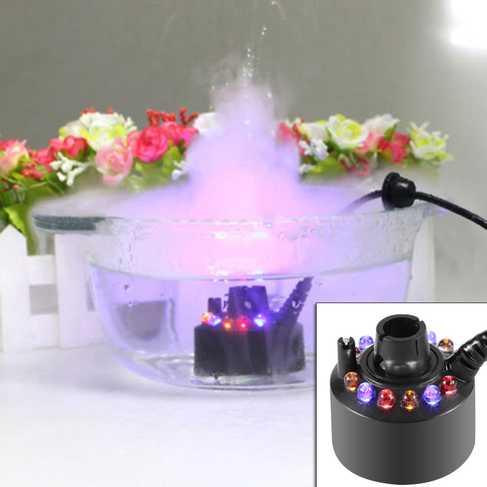 12 LED RGB Color Fountain Mist Maker with Atomizing Head Adapter - 240V Fog Machine for Parties, Halloween, Weddings & Home Decor (US Plug 110V)