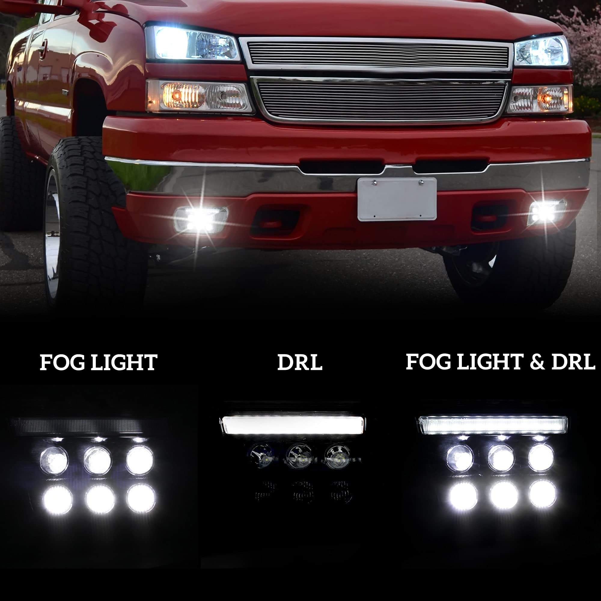KEWISAUTO LED Bumper Fog Lights with DRL for 2002-2006 Chevy Silverado 1500/2500HD/3500HD & Avalanche - Bright Daytime Running Lights & Fog Light Assembly - Perfect for Night Driving and Off-Road Adventures