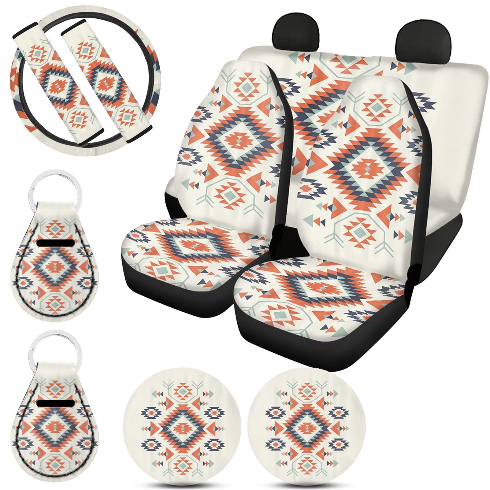 Western Style Car Seat Covers for Women with Steering Wheel Cover | Native American Auto Interior Decor | Seat Belt Pads & Cup Coaster Set | Unique Vehicle Keychain | Perfect for Road Trips & Daily Commutes