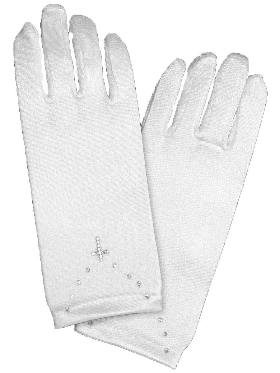 Elegant White Short Satin Gloves with Rhinestone Cross Design - Perfect for Weddings, Prom, Evening Parties and Formal Events