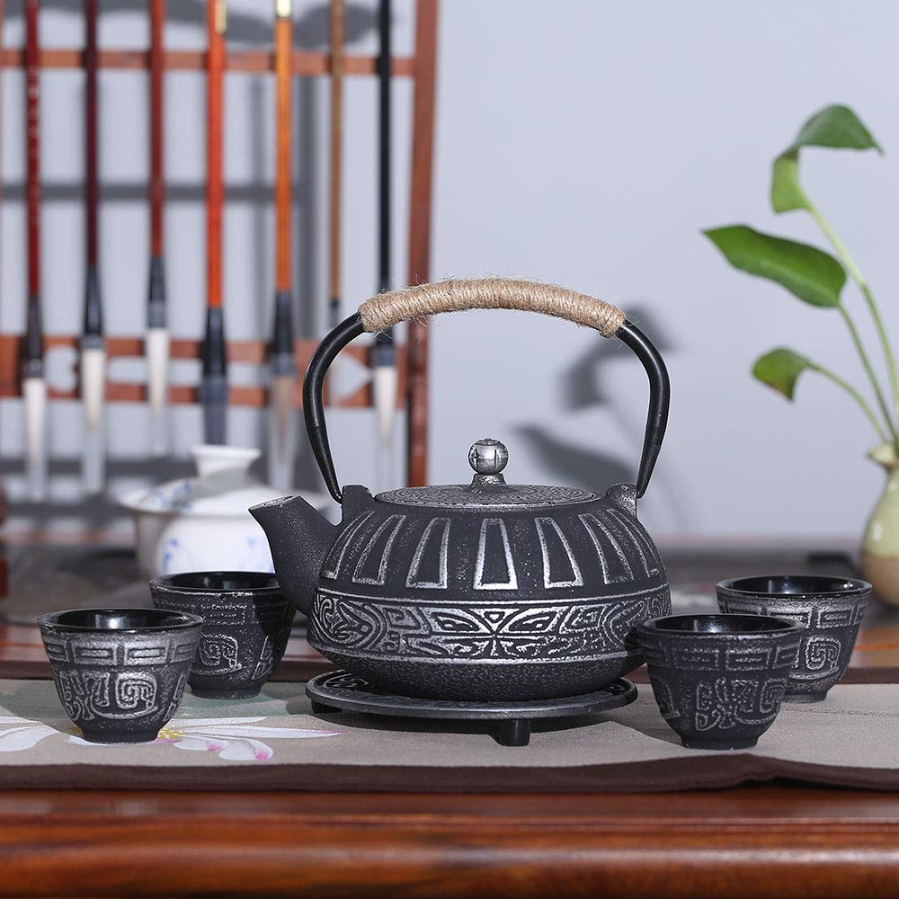 Premium Japanese Style Cast Iron Teapot Set with Infuser - 28oz Enameled Interior Tea Kettle & 4 Matching Teacups - Stovetop Safe Black Iron Teapot - Perfect for Tea Ceremonies, Home Decor & Thoughtful Gifts
