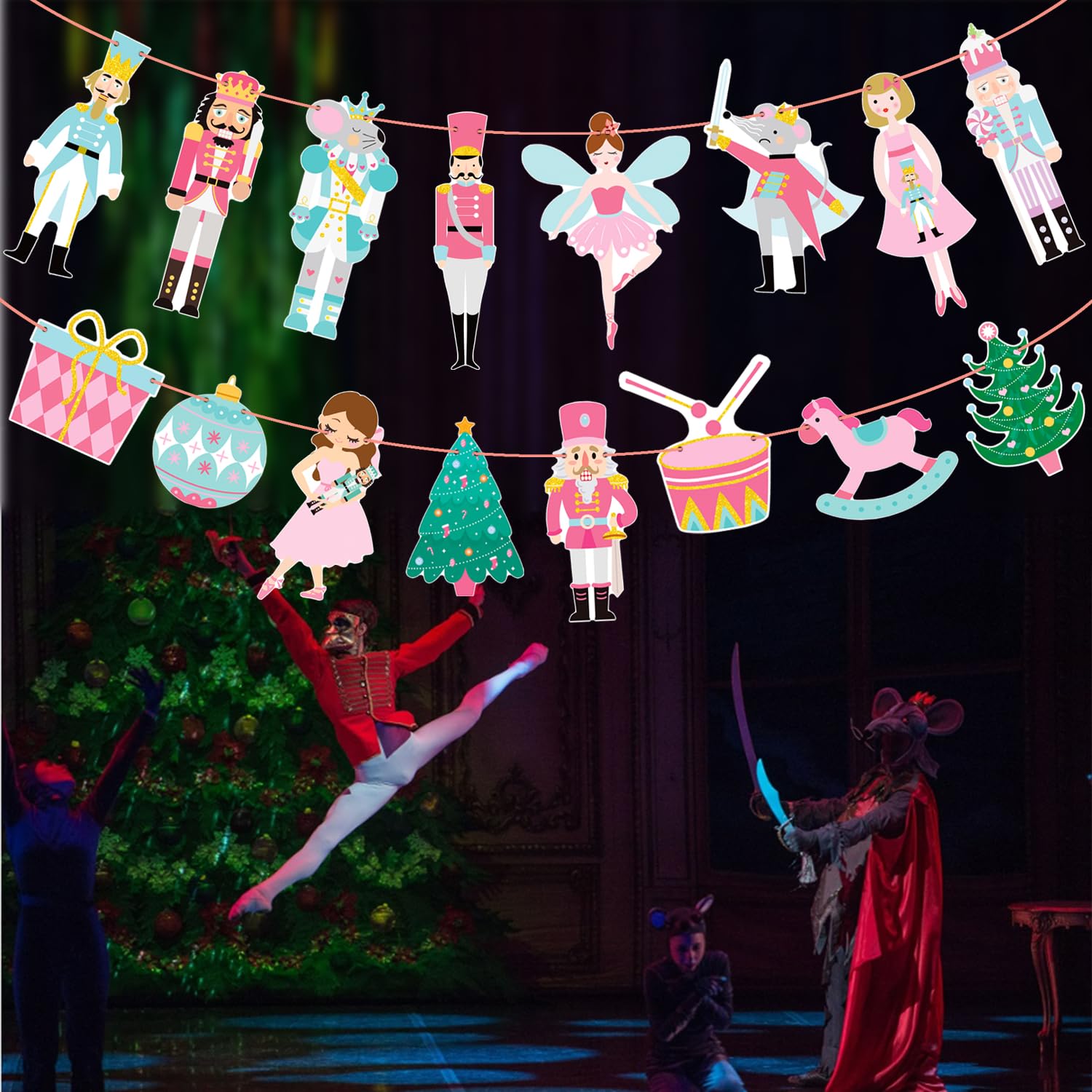 Christmas Nutcracker Party Decorations - Pink & Blue Ballet-Themed Nutcracker Banners (2Pcs) | Xmas Tree & Mouse King Cutouts for Winter Parties, Holiday Home Decor & Christmas Festivities