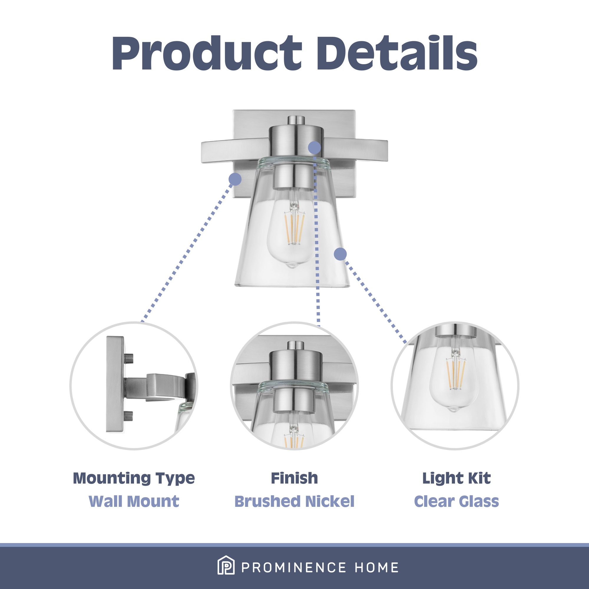 Fairendale Brushed Nickel Vanity Light with Clear Glass Shade - Perfect for Bathroom, Bedroom, and Dressing Room Lighting