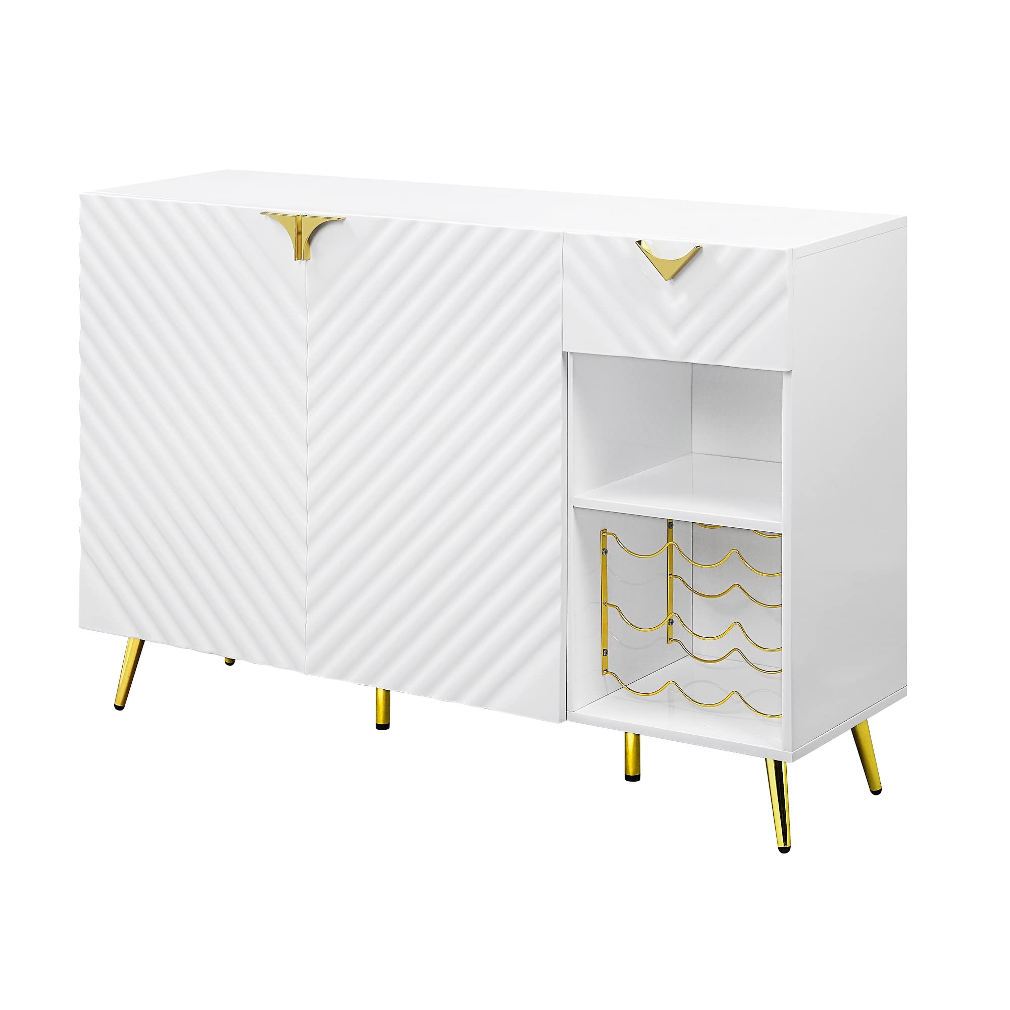 Elountik Gaines Kitchen Buffet Server Sideboard with Storage Cabinet, Wine Rack, Shelves & Drawer - White High Gloss Finish with Gold Legs - Perfect for Dining Room, Living Room or Kitchen Storage Organization