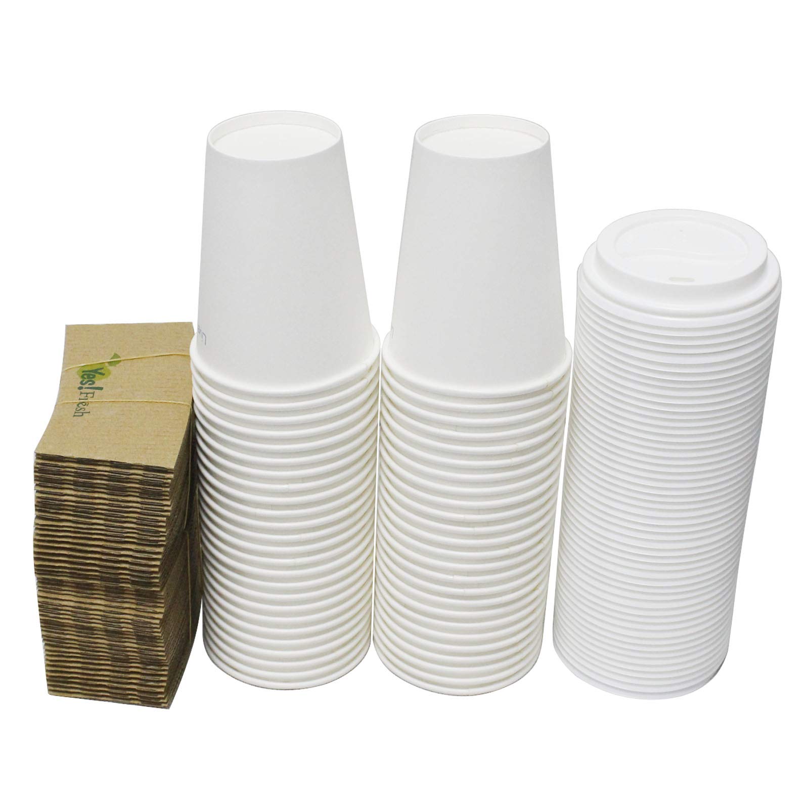 50 Pack 12oz Disposable White Paper Coffee Cups with Lids and Sleeves - Eco-Friendly To-Go Cups for Hot Chocolate, Tea, Coffee & Cold Beverages - Perfect for Cafes, Bistros, Offices & Home Use (50 Count)