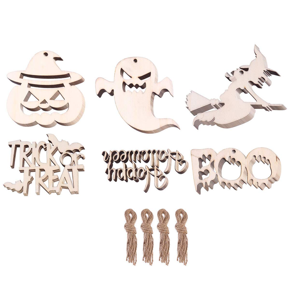 EXCEART Halloween Wooden Slices for DIY Crafts - 60pcs Natural Wood Chips with Twine for Hanging Decorations | Perfect for Halloween Party Decor, Scrapbooking, and Home DIY Projects