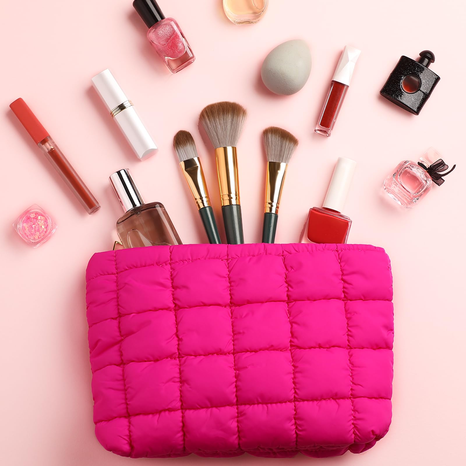 Hillban Puffy Quilted Makeup Bag - Cute Checkered Cosmetic Organizer for Travel, Toiletries & Makeup Brushes (Rose Red, Classic) | Perfect for Vacation, Gym Essentials & Daily Beauty Storage