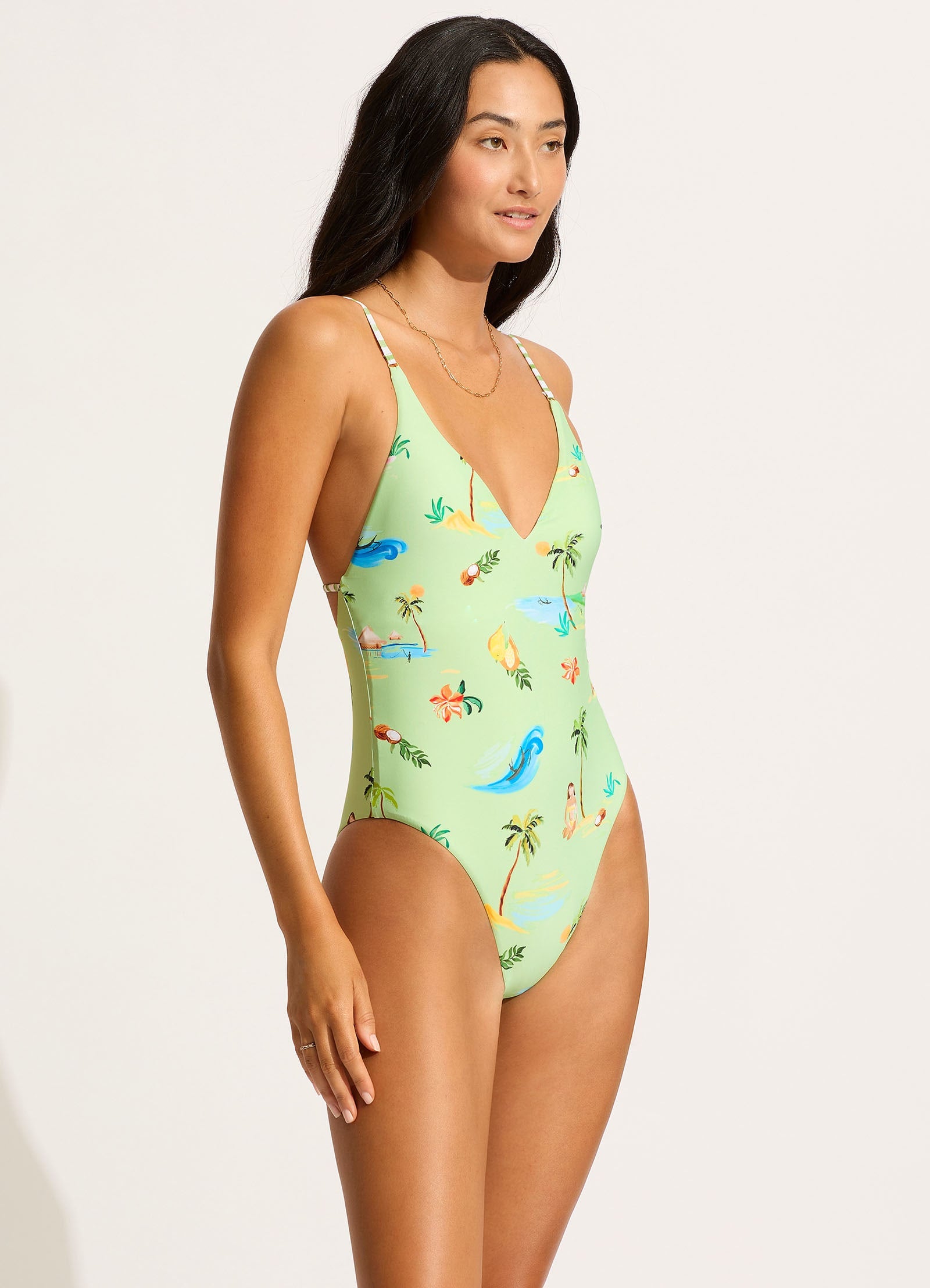 Isla Palm V Neck One Piece Swimsuit - Sage Green Monokini for Women, Beach Vacation & Pool Party Essential