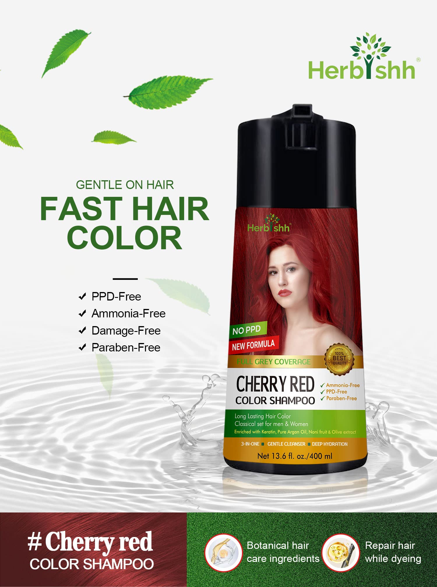 Herbishh Cherry Red Hair Color Shampoo for Gray Hair (400ml) & Curly Hair Shampoo Conditioner Set - Natural Gray Coverage & Curly Hair Care for Women & Men | At-Home Hair Coloring & Moisturizing Treatment