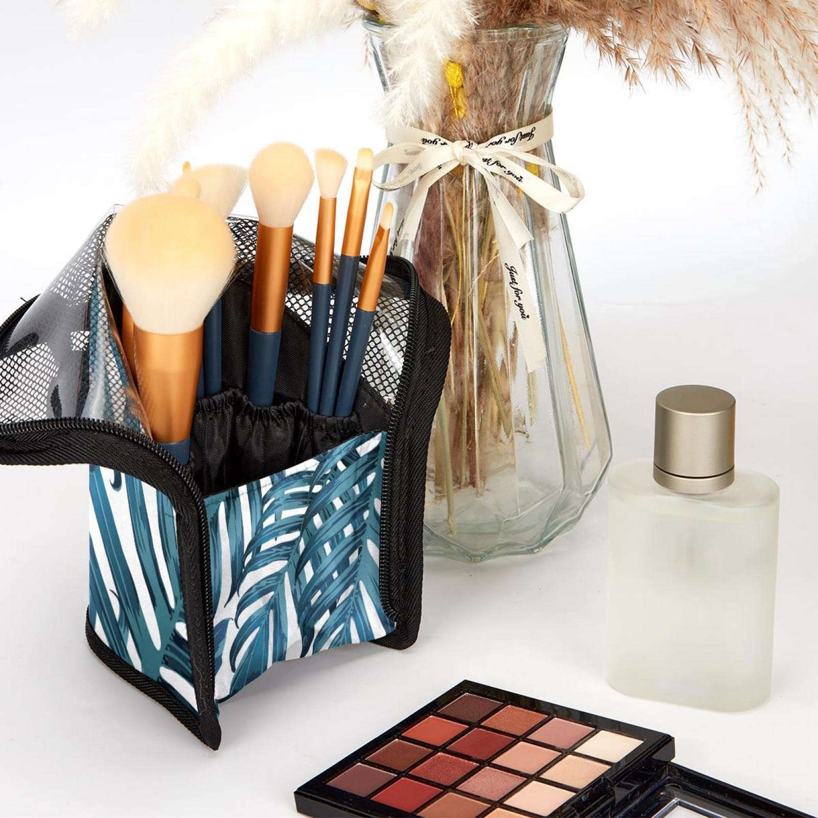 Portable Makeup Brush Organizer Bag with 12 Slots - Tropical Palm Leaves Design, Travel-Friendly Cosmetic Brush Holder Case - Perfect for Home Vanity, Travel & Professional Makeup Artists