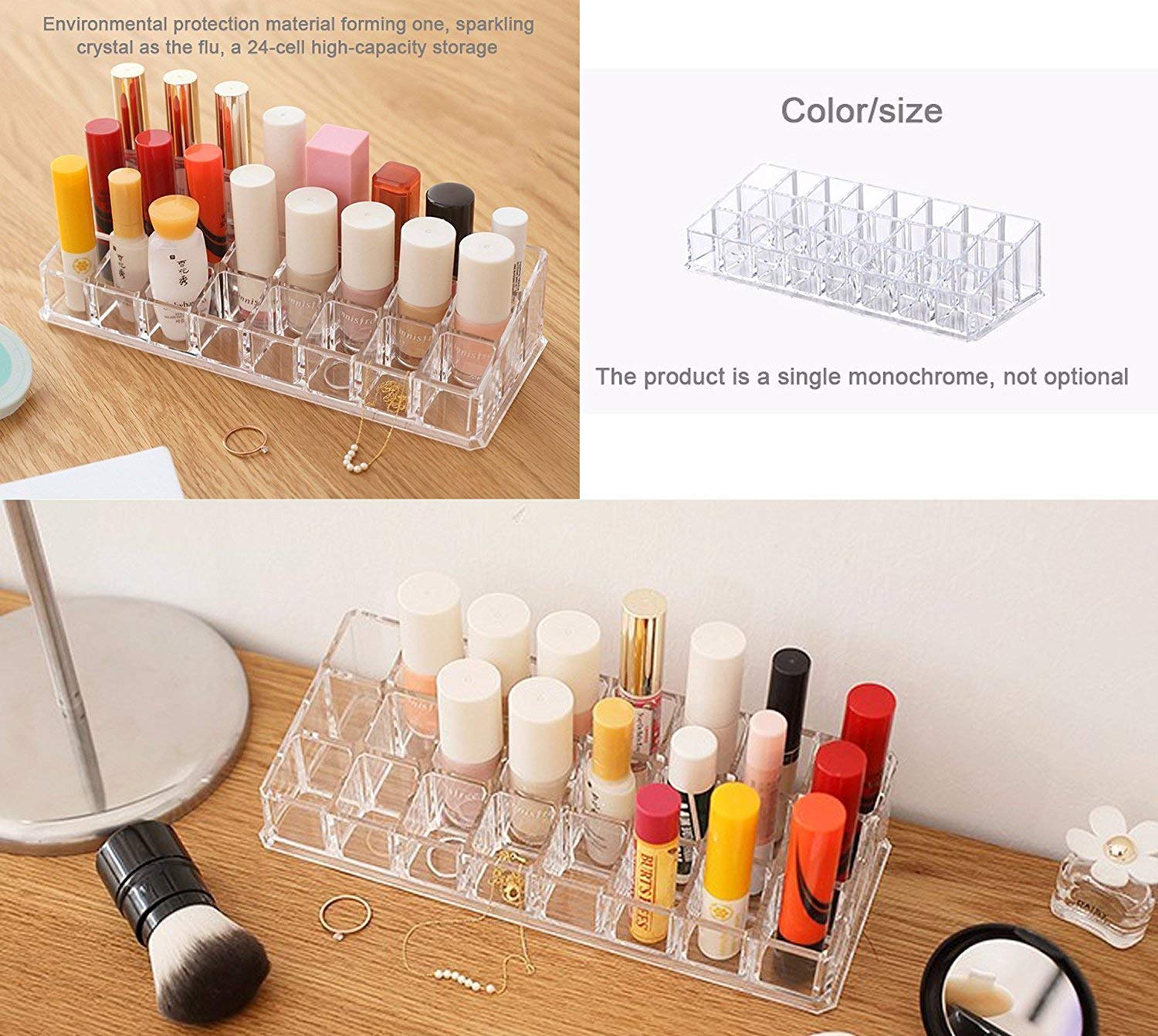 ROSLYN® 24 Grid Clear Acrylic Makeup Organizer for Lipstick, Foundation, Nail Polish, Eyeliner & Makeup Brushes | Perfect for Vanity, Bathroom & Travel Cosmetic Storage