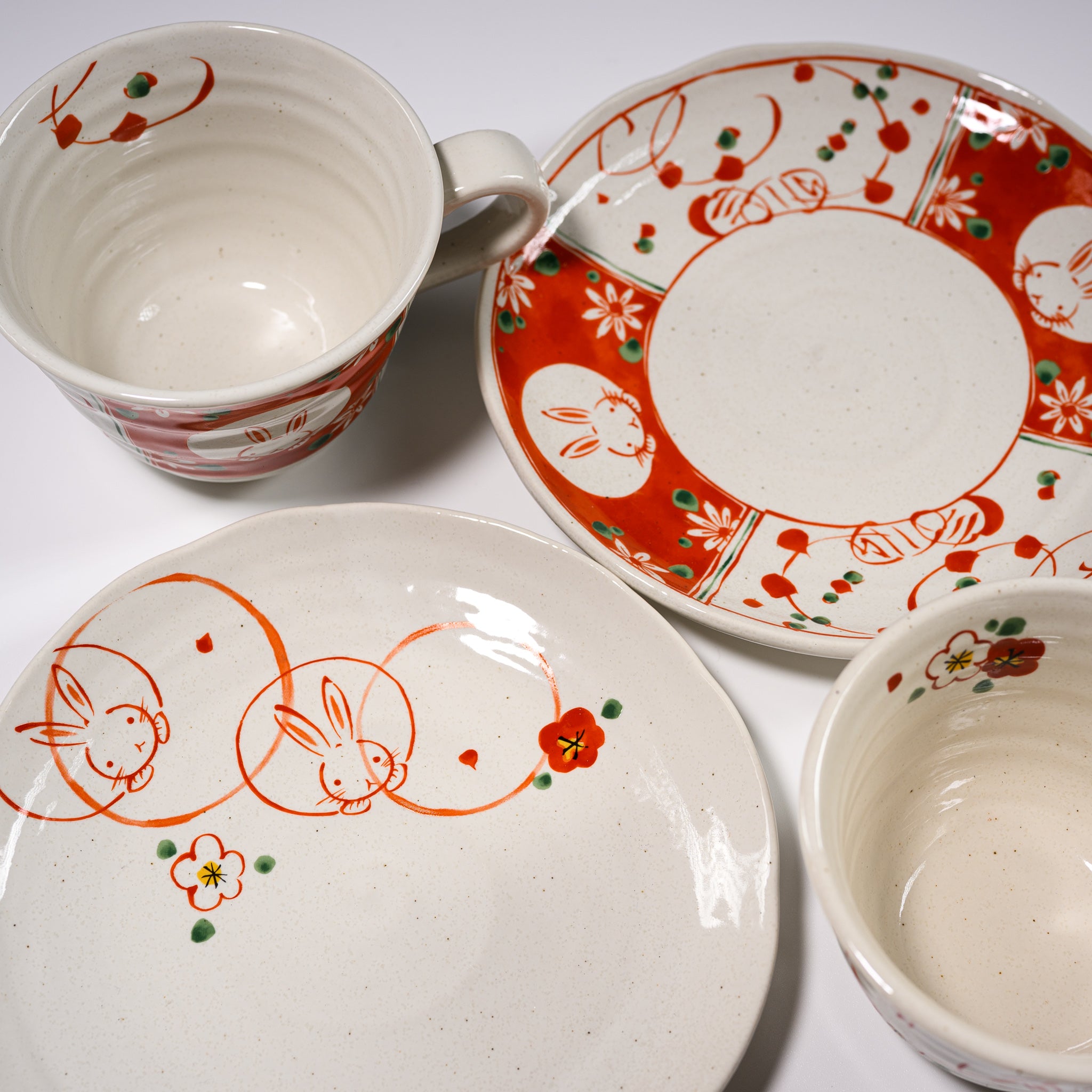 Red Rabbit Pair Cup and Saucer Set - 2 Piece Ceramic Tea Cup with Matching Saucer - Cute Bunny Themed Tea Set for Afternoon Tea, Gift Giving, or Home Decor