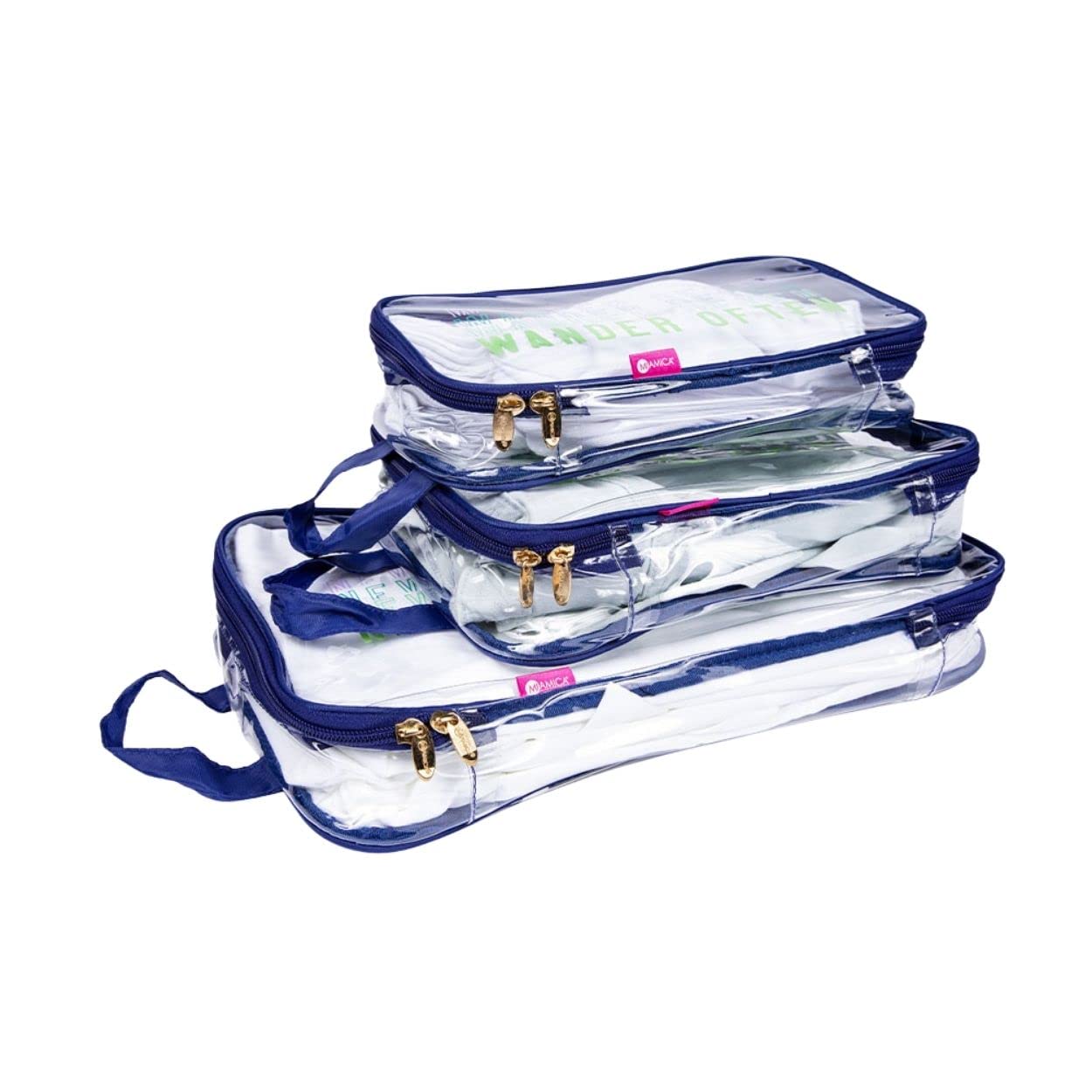 Miamica 3-Piece Packing Cubes Set - Small, Medium & Large Travel Organizers with Clear Blue Wander Design - Durable Suitcase Organizer for Clothes & Accessories - Perfect for Business Trips, Vacations & Weekend Getaways