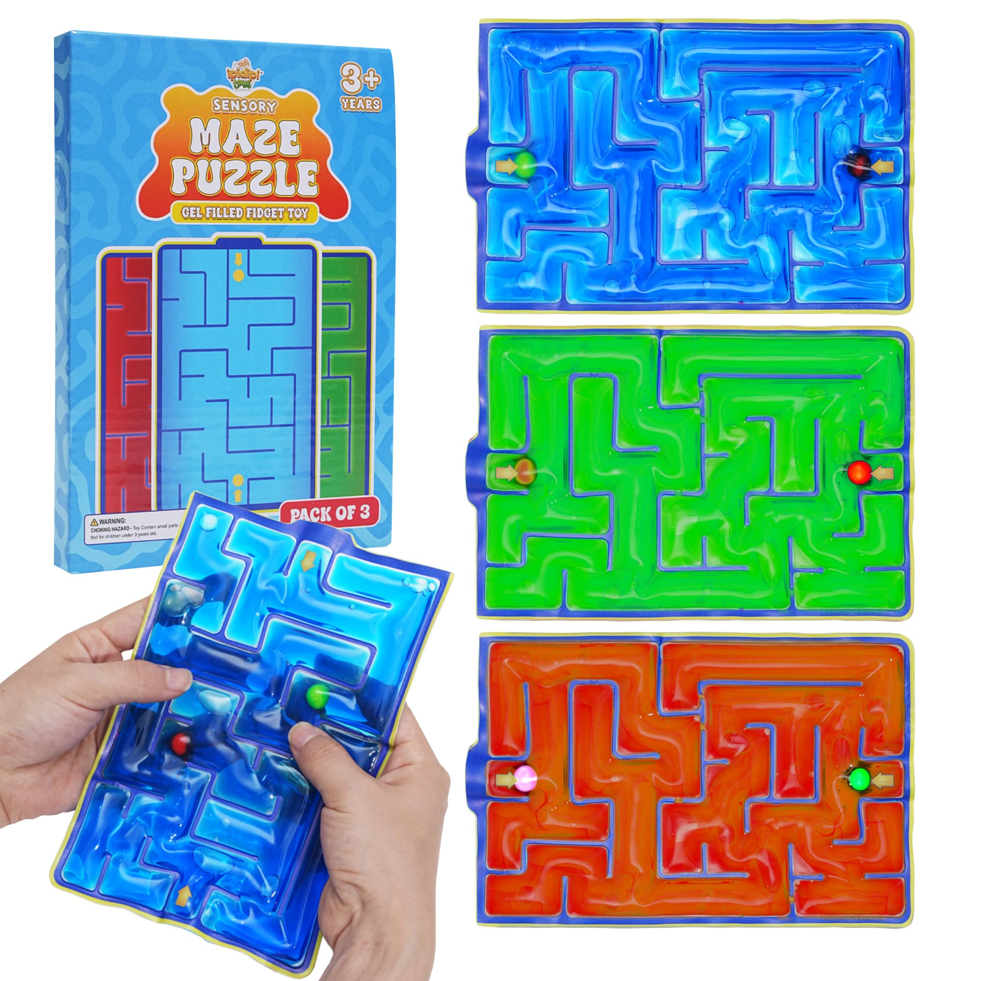 IPIDIPI TOYS Gel-Filled Maze Puzzle - Stress Relief Sensory Fidget Toy for Kids & Adults, Tactile Gel Pads for Anxiety & Focus - Great for Easter Baskets, Stocking Stuffers, Party Favors & Gifts (Pack of 3) - Perfect for Classroom, Office & Travel Use