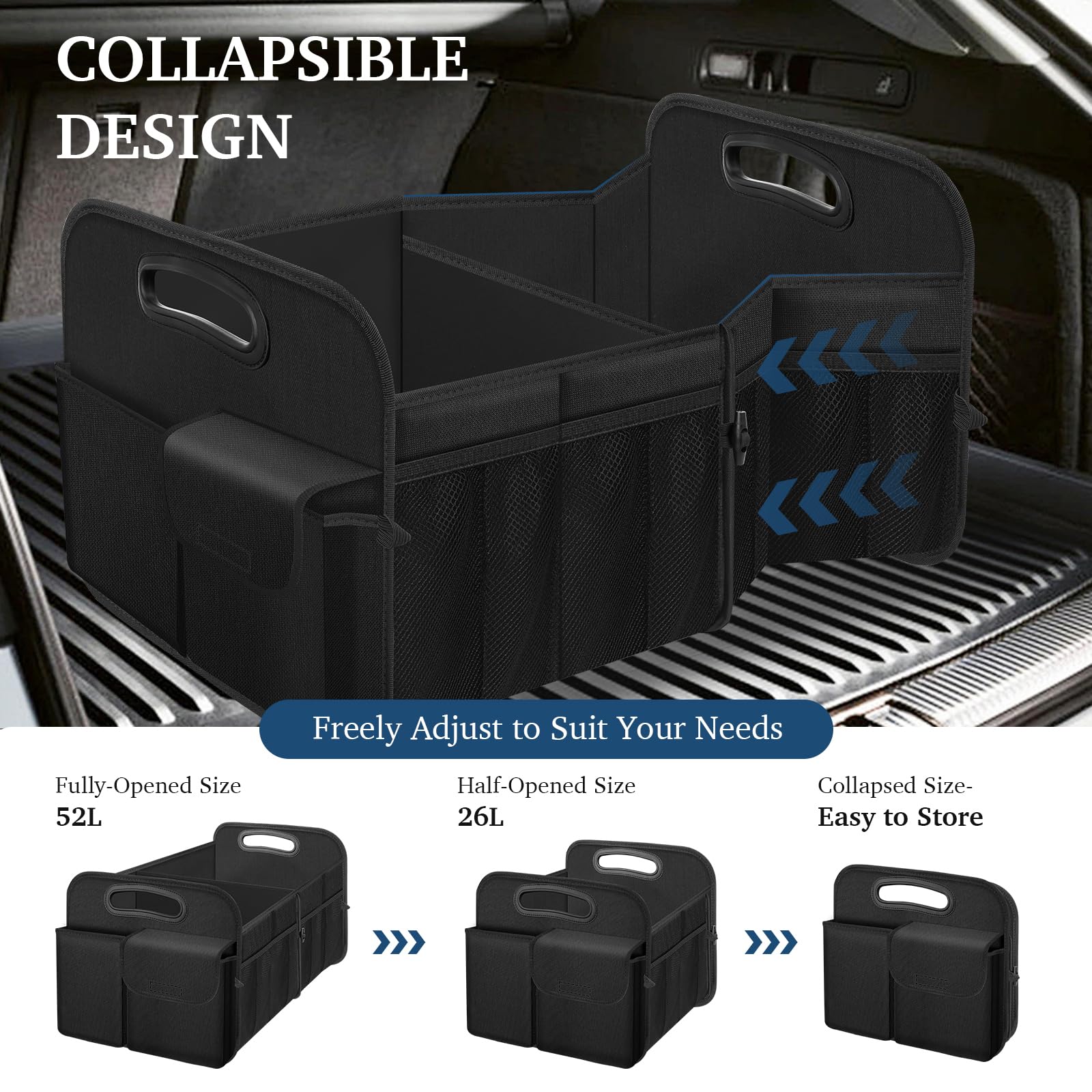 Femuar Large Capacity Waterproof Collapsible Car Trunk Organizer for SUV/Jeep/Sedan – Durable Black Storage Solution for Travel, Groceries, and Sports Gear