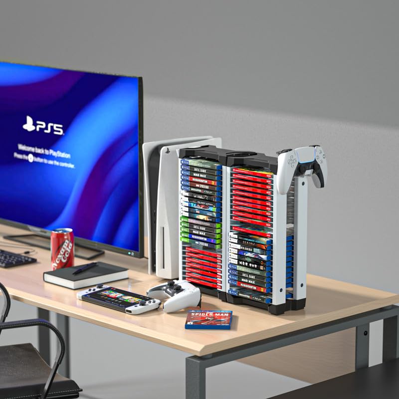 ECHZOVE Video Game Storage Tower - Vertical or Horizontal Organizer for PS5, PS4 & Xbox Games - Holds Up to 46 Disc Cases with 2 Headset Hooks - Perfect for Gaming Room Organization & Console Setup