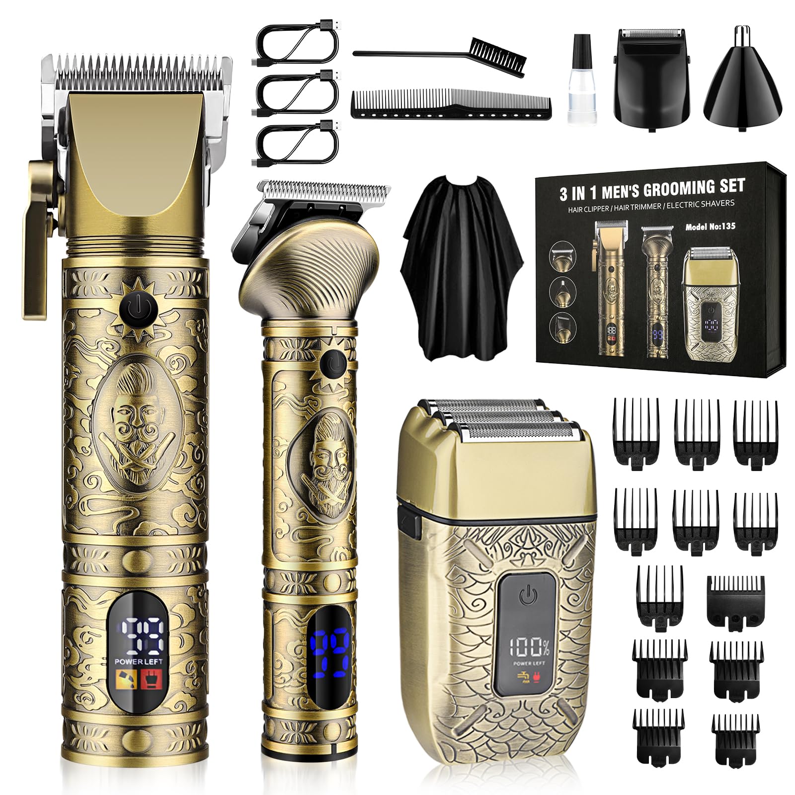 Professional Cordless Hair Clippers for Men - Gold Electric Razor & Beard Trimmer Kit with T-Blade Liners, Zero Gap Foil Shaver & Nose Trimmer | Barber-Grade Hair Cutting Tools for Home & Salon Use