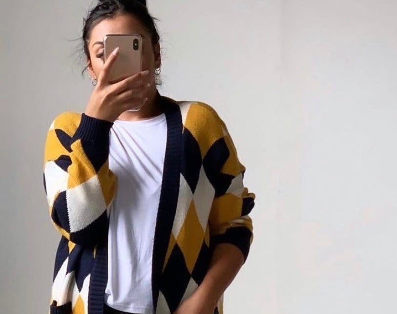 Stylish HQ Jenny Diamond Print Cardigan in Navy Blue | Women's Fashion Knitwear for Office, Casual Outfits & Fall Layering
