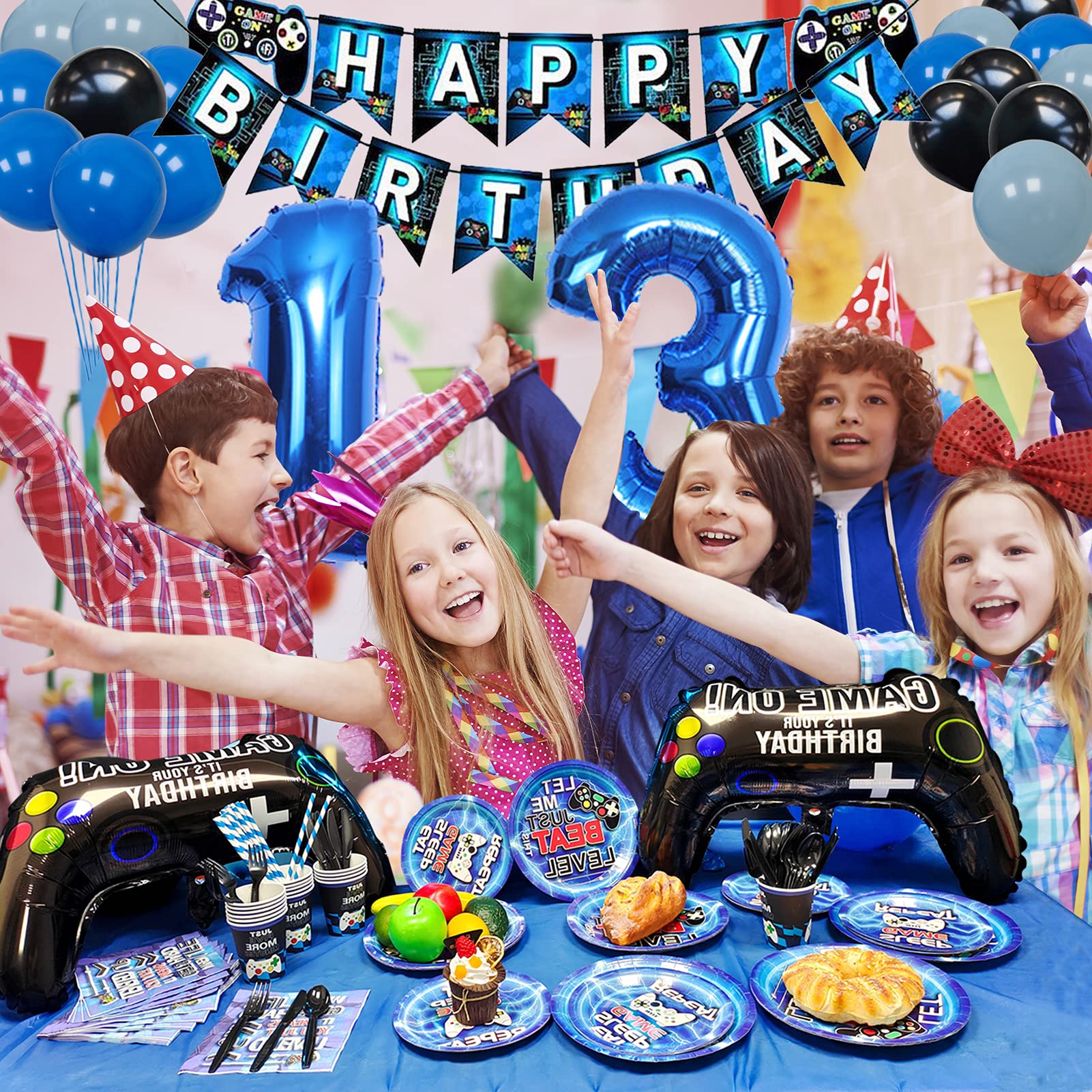 Vlipoeasn 13th Birthday Video Game Party Supplies - Blue Gamer Theme Decorations Set for Boys (169 PCS) | Includes Disposable Plates, Hanging Swirls, Balloons & Birthday Banner | Perfect for 16 Guests | Ideal for Gaming Parties, Teen Celebrations & Themed Events
