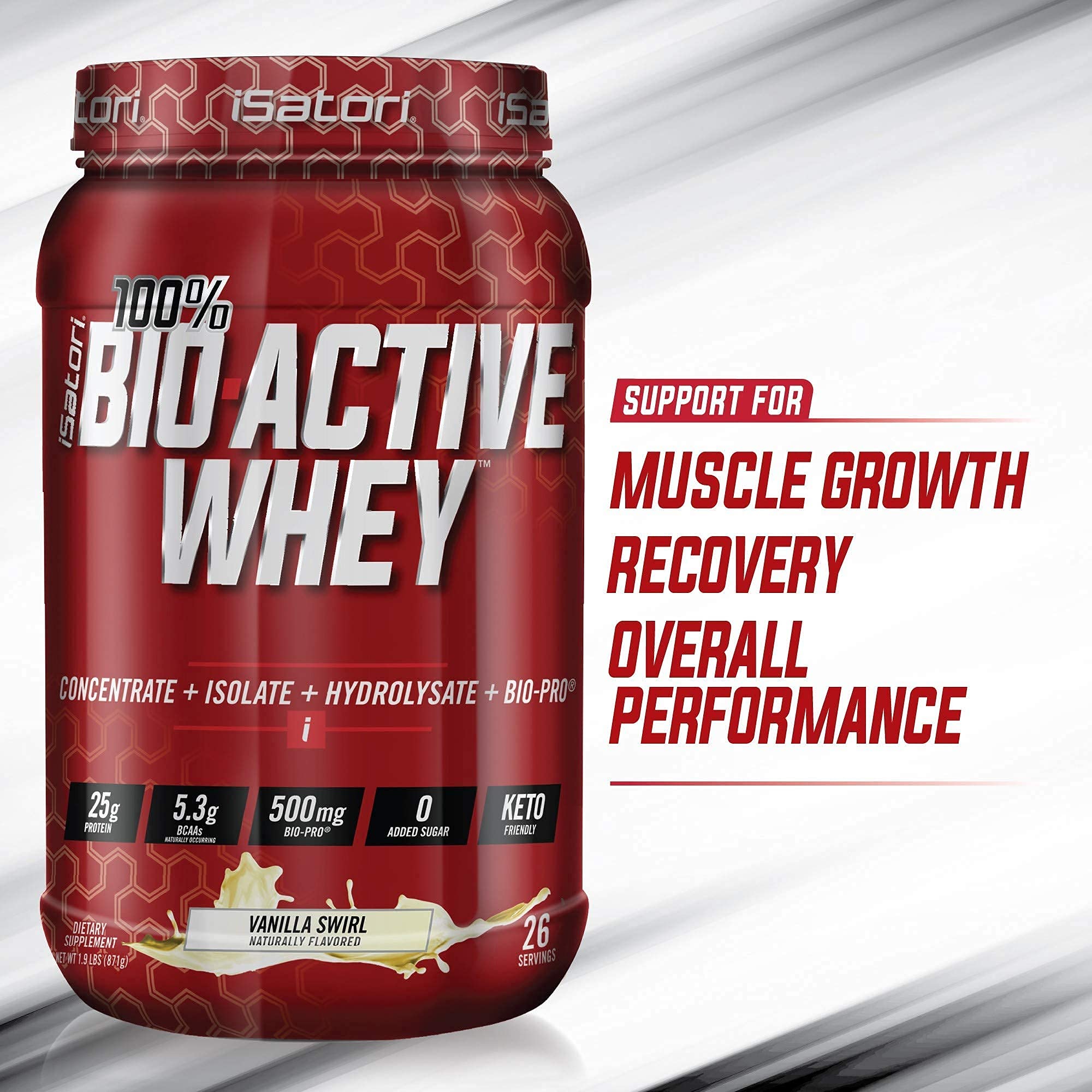 iSatori Bio-Active Whey Protein Powder - Vanilla Flavor (30 Servings) & Classic Shaker Bottle with Red Lid - Post Workout Recovery & Muscle Building Supplement for Gym & Fitness Enthusiasts