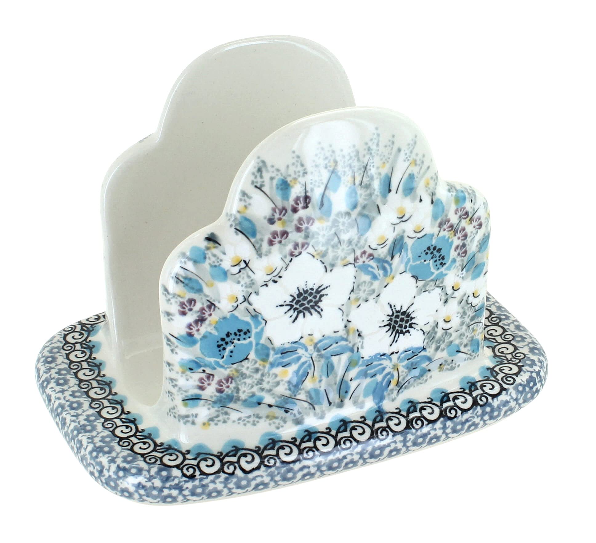 Handmade Blue Rose Polish Pottery Margot Napkin Holder - Elegant Tableware for Dining, Kitchen Decor & Gift Idea