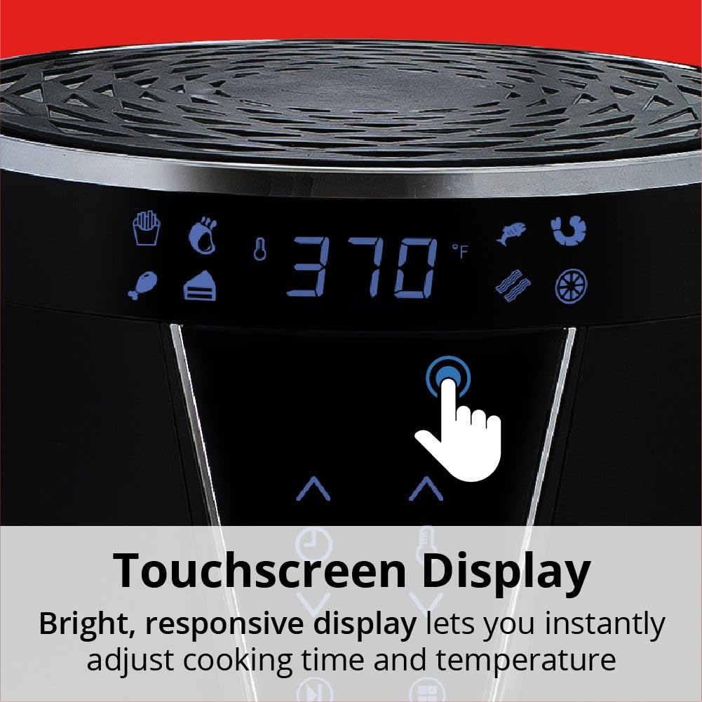 Aria 5 Quart Air Fryer with Non-Stick Ceramic Coating - Large Basket, Touchscreen Display, Auto Shutoff - BPA & Teflon Free, Dishwasher Safe - Includes Free Cookbook (Black) - Perfect for Healthy Frying, Roasting, Baking & Reheating Meals for Families