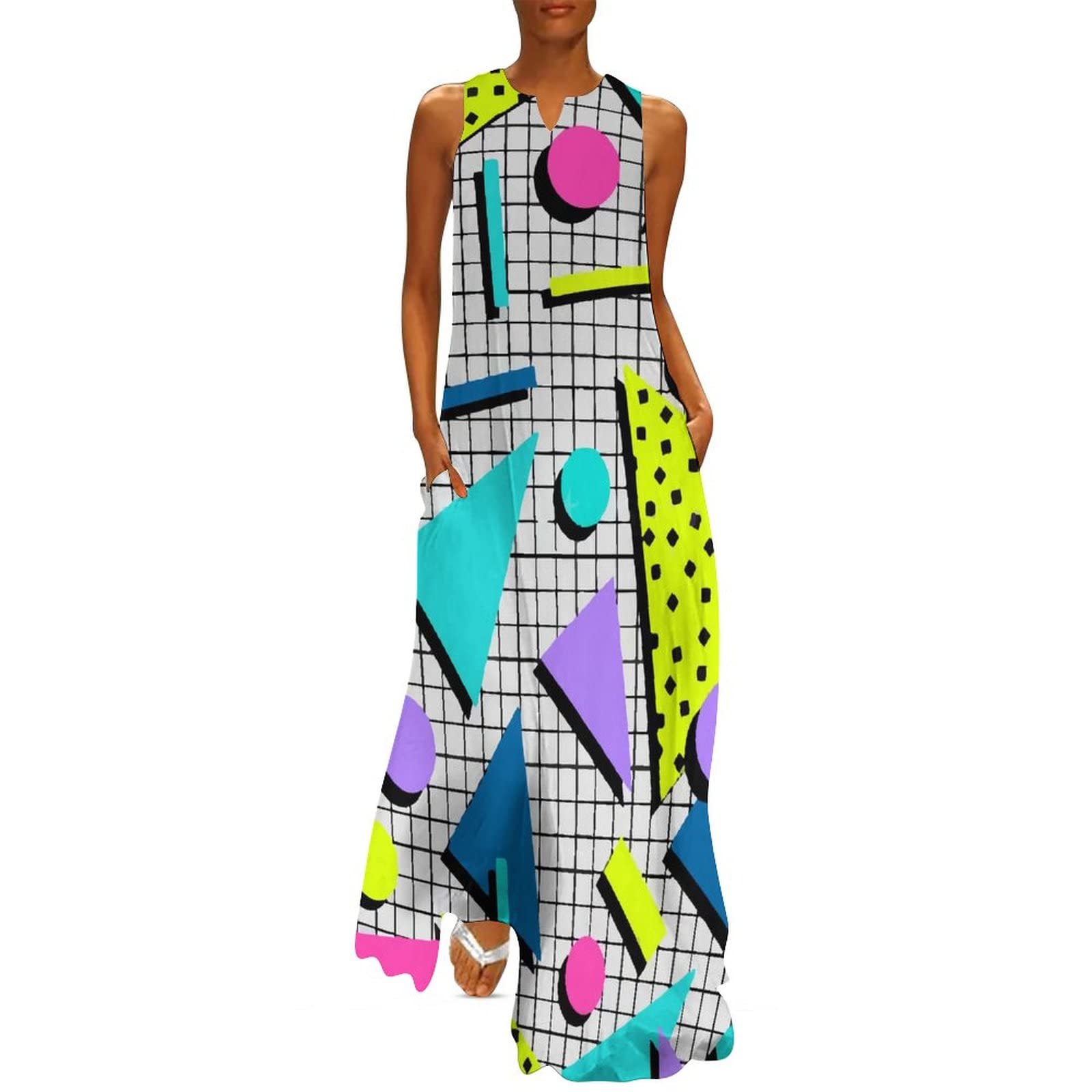 Vintage 80s Memphis Style Summer Dresses for Women - Sleeveless Casual Long Maxi Dress | Perfect for Beach Vacations, Music Festivals & Retro Fashion Lovers