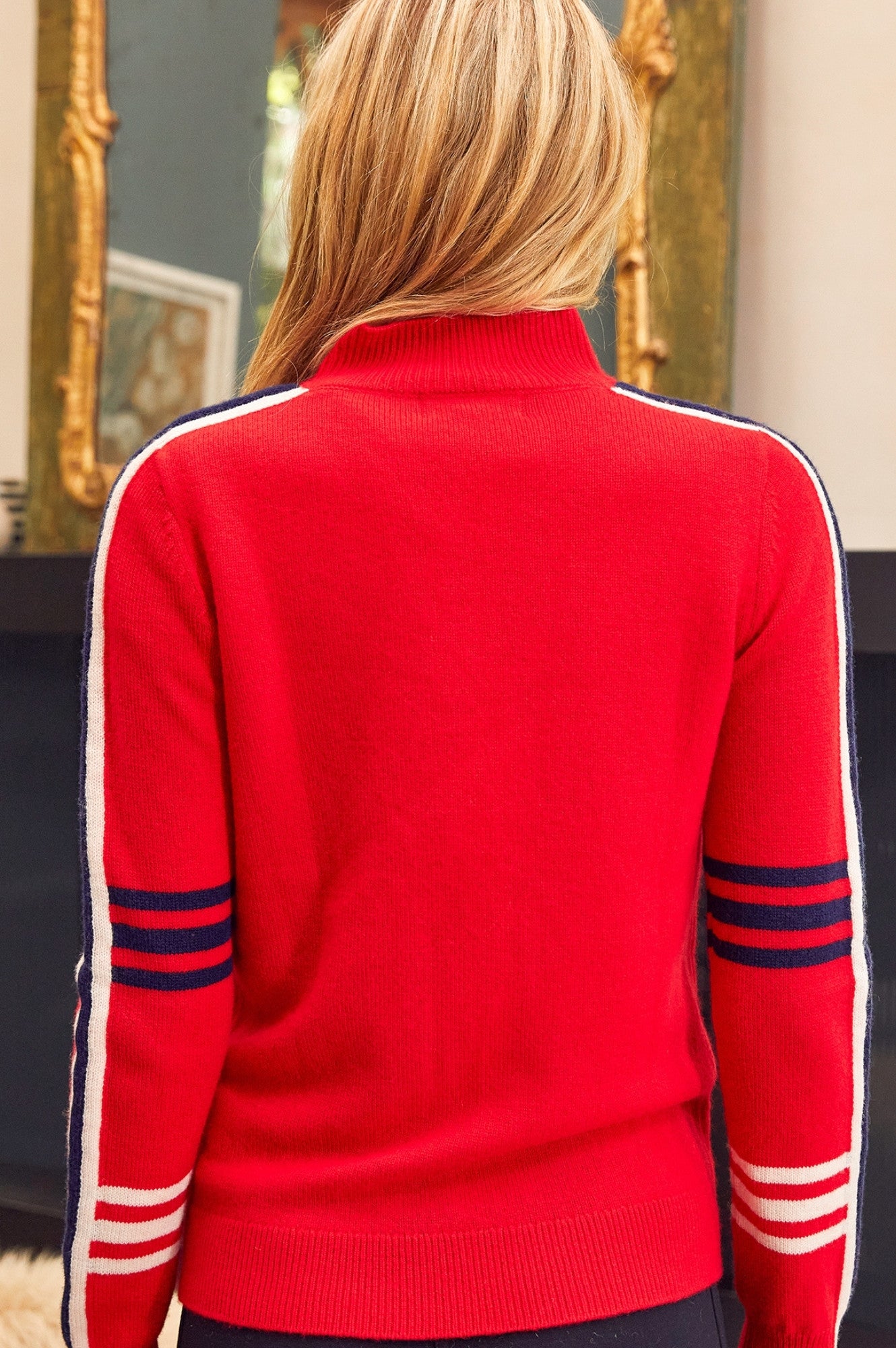 Premium Merino Wool Quarter Zip Sweater with Stripe Hearts Design - Red, Navy, Cream | Cozy Winter Wear for Outdoor Activities & Casual Fashion