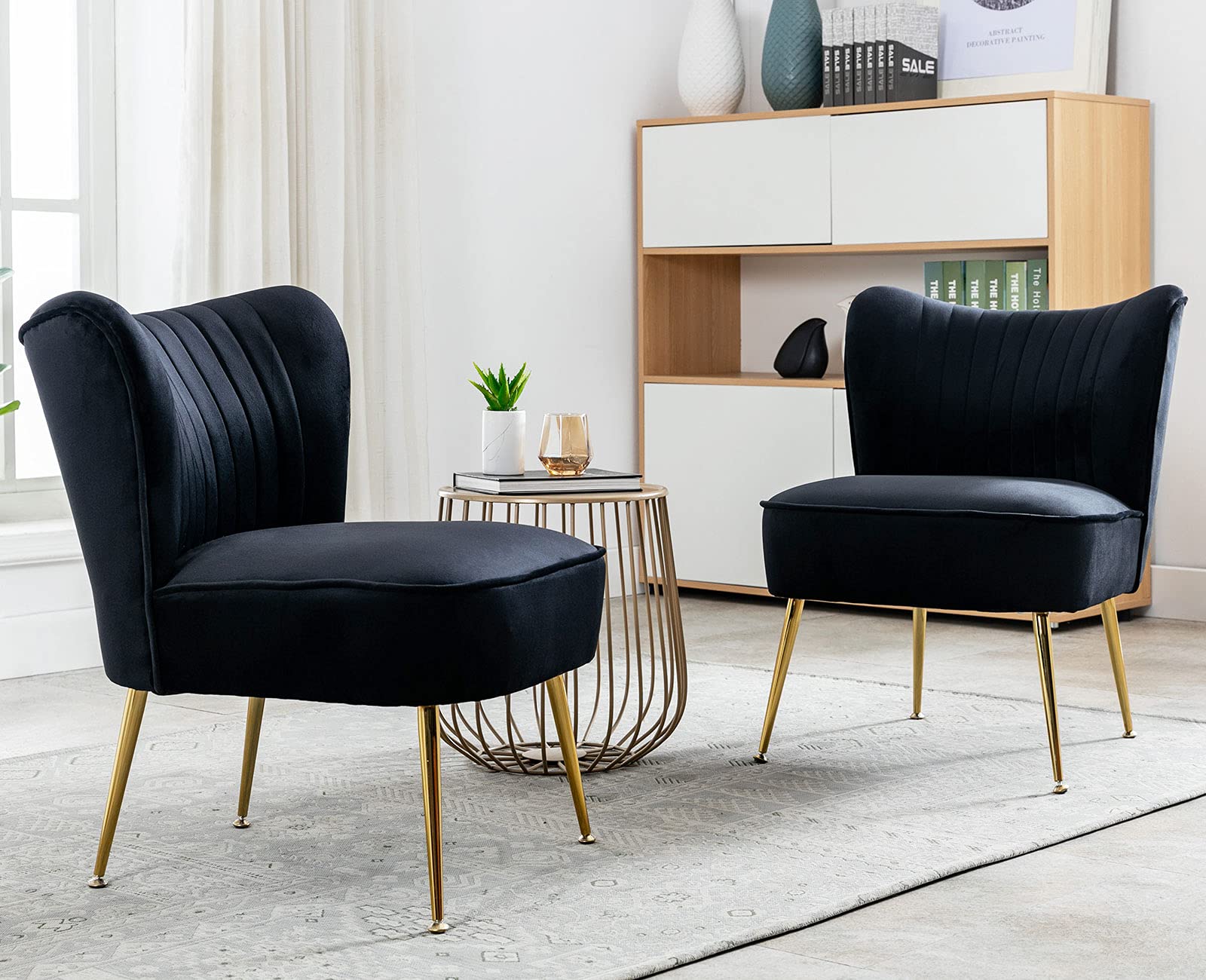 Velvet Accent Chairs Set of 2 - Mid-Century Modern Upholstered Side Chairs with Golden Legs, Armless Wingback Slipper Chairs for Living Room, Guest Room & Bedroom - Comfy Corner Seating for Home Decor, Black