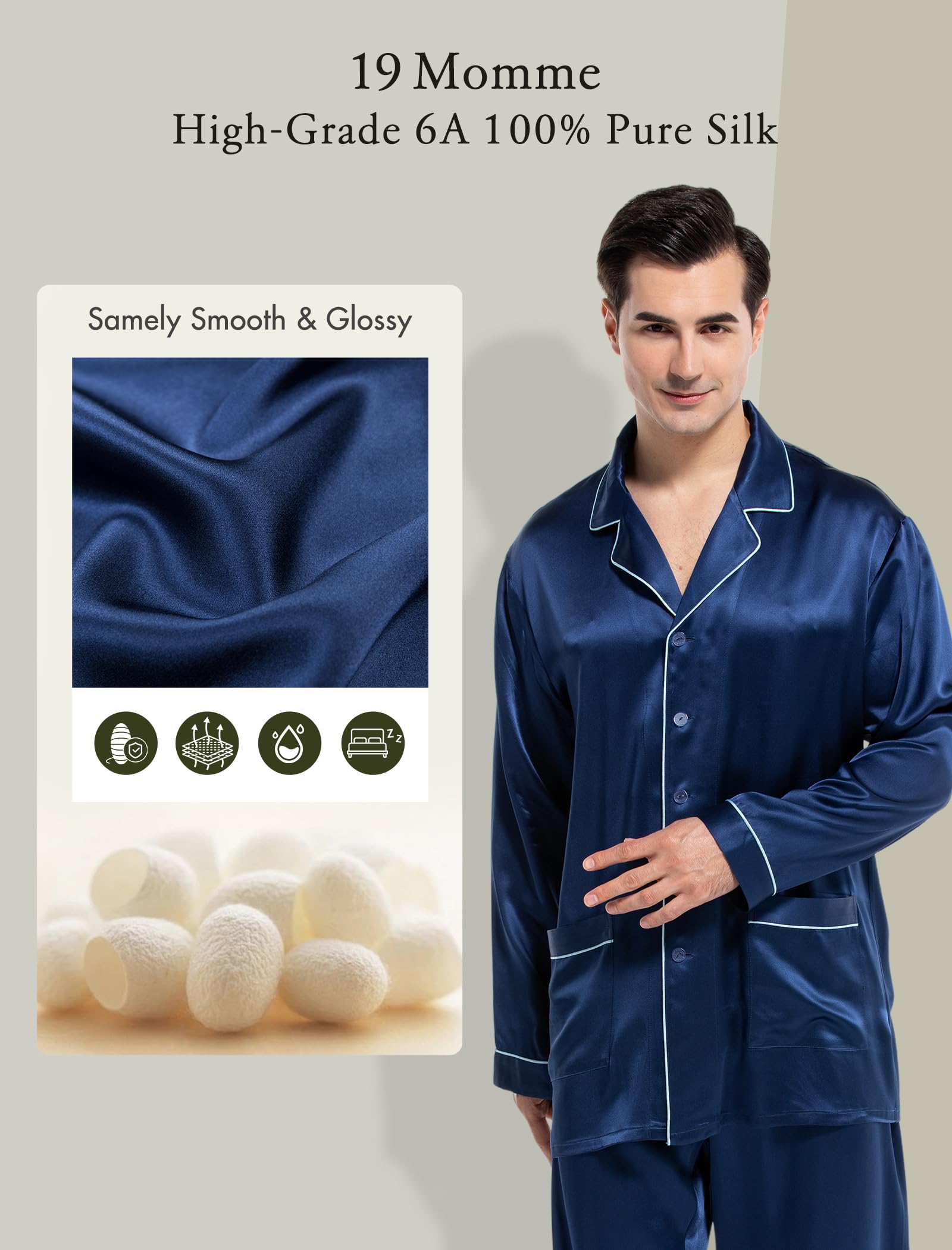Luxury Men's Silk Pajama Set - 100% Pure Silk Long Sleeve Button Down Sleepwear for Men - Soft & Breathable 2-Piece Pajamas for Lounge, Sleep & Relaxation at Home