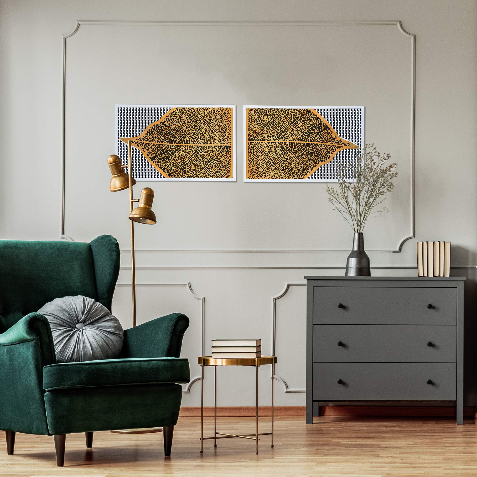 DecorShore Contemporary Metal Wall Art Set of 2 - Modern Gold Leaf Nature Wall Decor for Living Room, Bedroom & Office | Large Metal Wall Hangings | Home Decoration Ideas