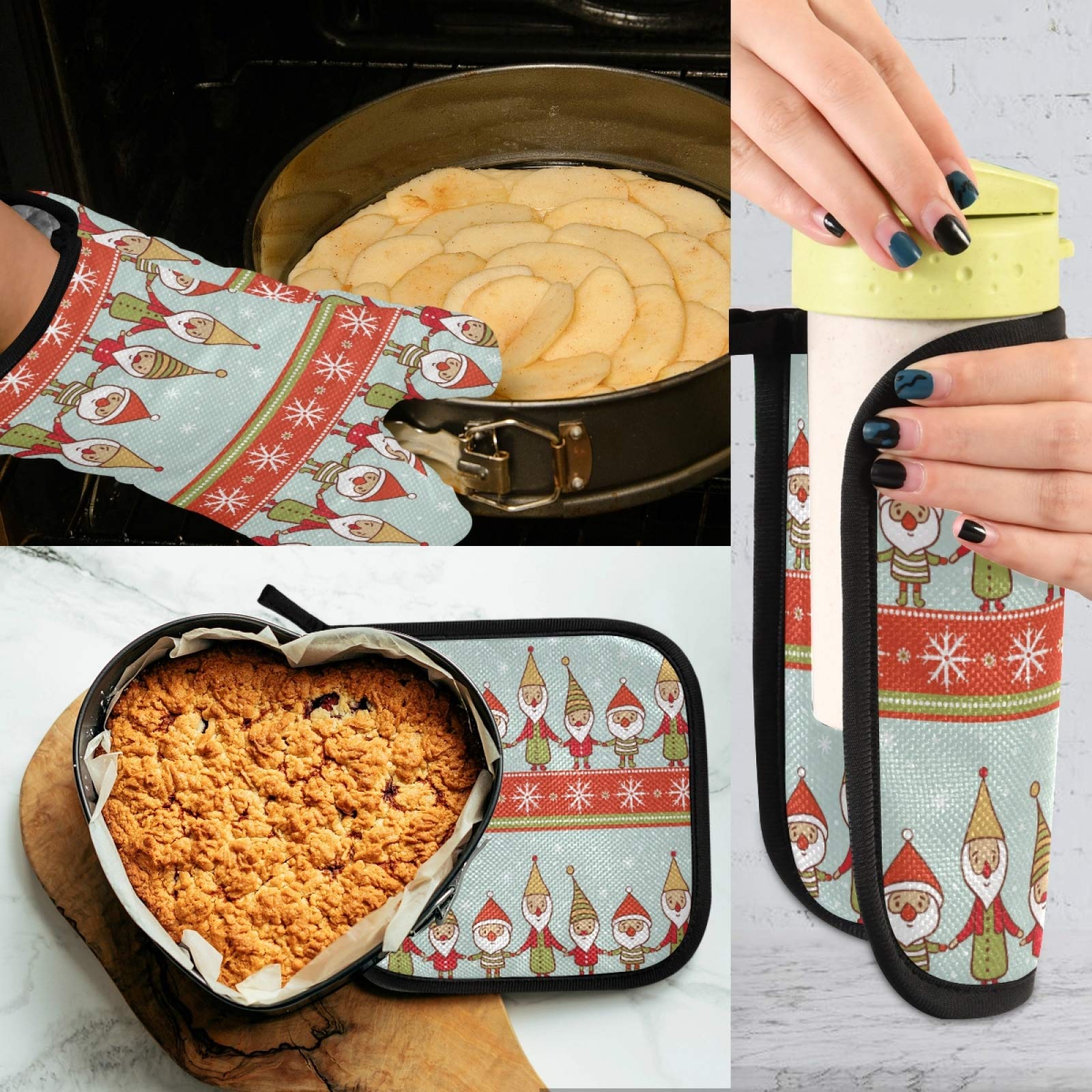 QUGRL Christmas Gnomes Santa Oven Mitts & Pot Holders Set - Heat Resistant Kitchen Gloves for Baking, Cooking, BBQ - Holiday Kitchen Accessories for Christmas Decor & Gift Giving