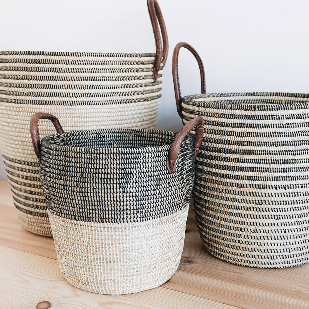 Stylish Storage Basket Set with Leather Handles - Woven Organizer for Home, Office & Nursery Decor - Perfect for Shelves, Closets & Laundry Organization