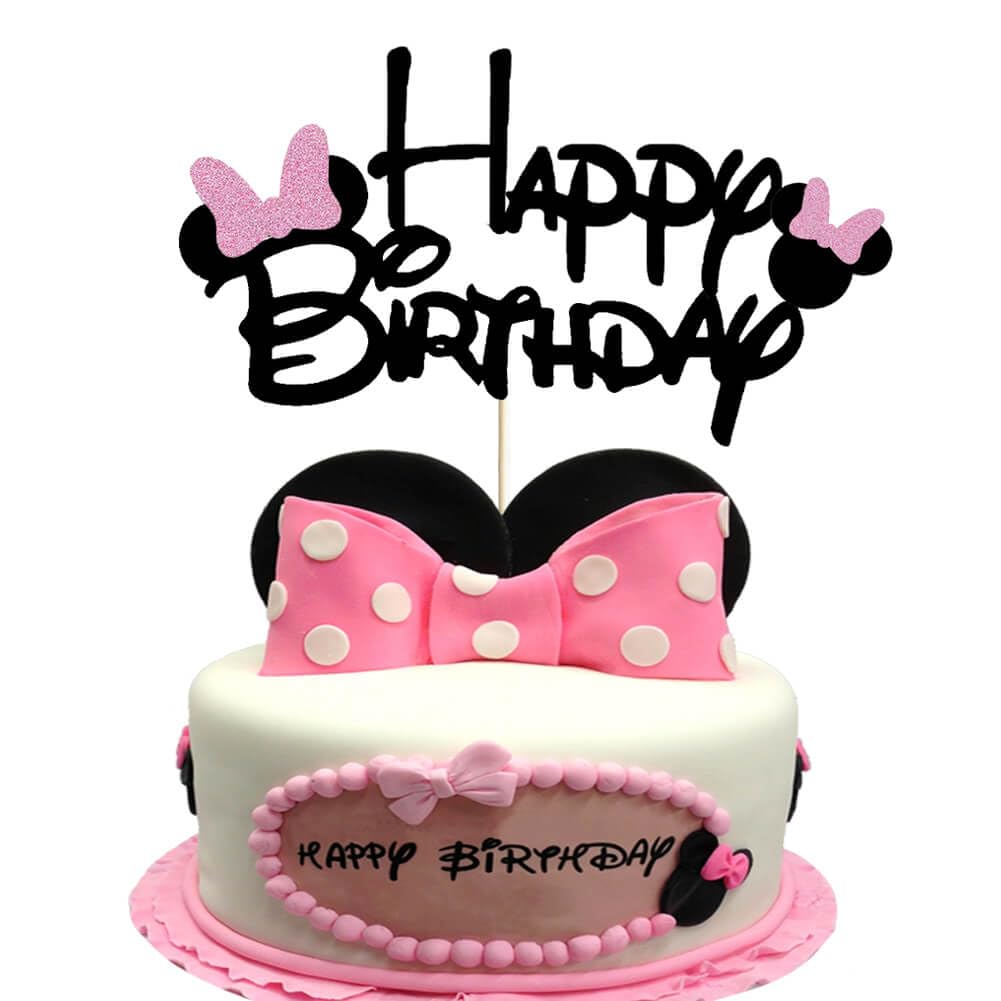 Black Pink Happy Birthday Cake Topper with Pink Bow - Adorable Baby Shower & Girls 1st-7th Birthday Party Decorations - Perfect for Cake, Cupcakes & Dessert Table Displays