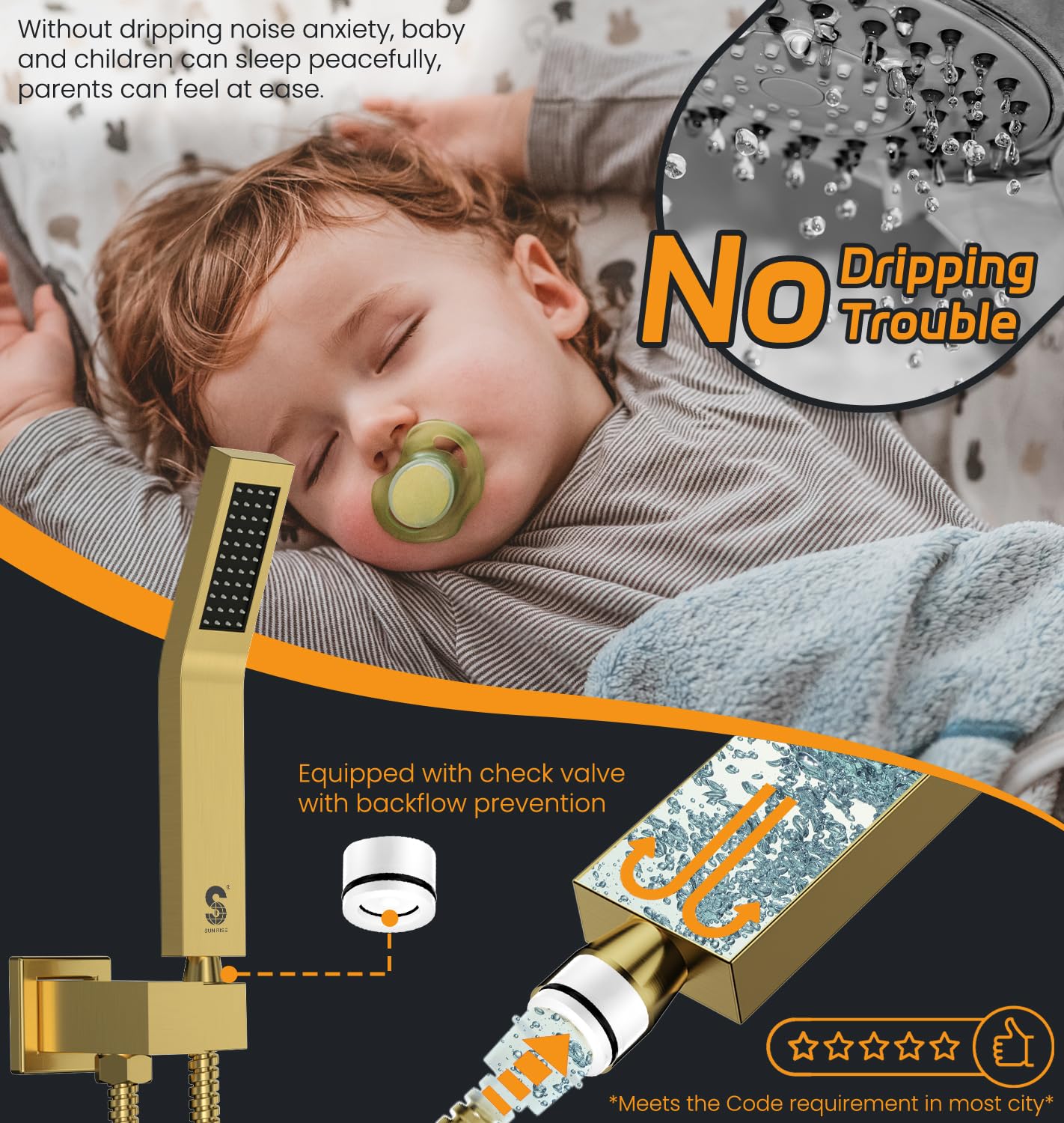 SR SUN RISE Brushed Gold Square Rain Shower Head with Handheld Spray - All Metal Shower Faucet Set with Valve Trim Repair Kit - Perfect for Bathroom Renovation & Luxury Spa Experience