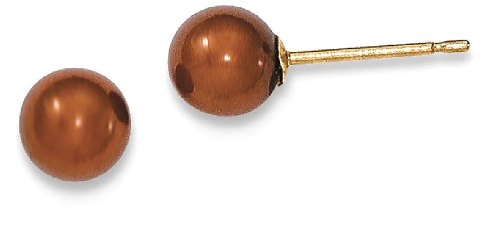 14K Solid Yellow Gold 5mm Brown Round Freshwater Cultured Pearl Stud Earrings for Women - Elegant Jewelry Gift for Birthday, Anniversary & Special Occasions