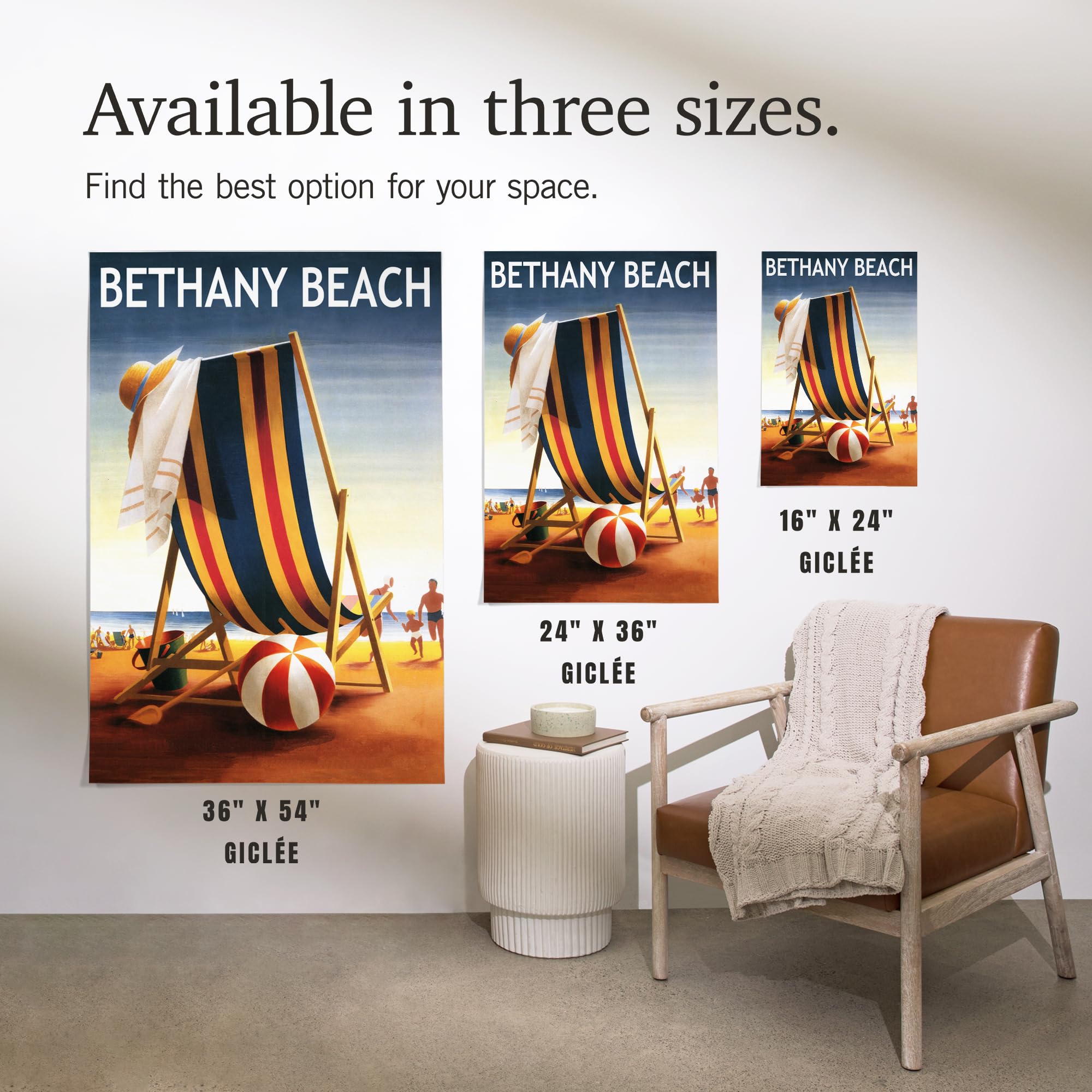 Lantern Press 16x24 Inch Giclee Art Print - Bethany Beach Delaware Coastal Wall Decor with Beach Chair & Ball | Perfect for Living Room, Bedroom or Office