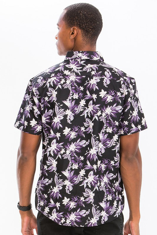 Men's Hawaiian Print Button Down Shirt - Tropical Floral Short Sleeve Casual Shirt WS7015 for Beach Vacation, Summer Party & Outdoor Activities