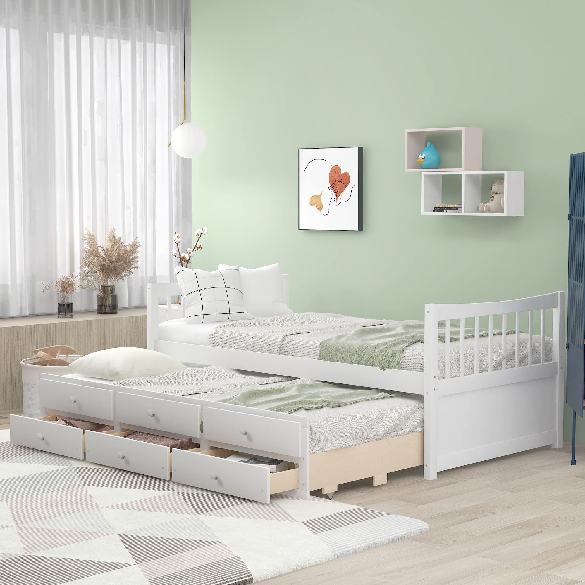 Wood Twin Daybed with Trundle & Storage - Harper & Bright Designs - Perfect for Kids, Teens & Adults Bedrooms (White)