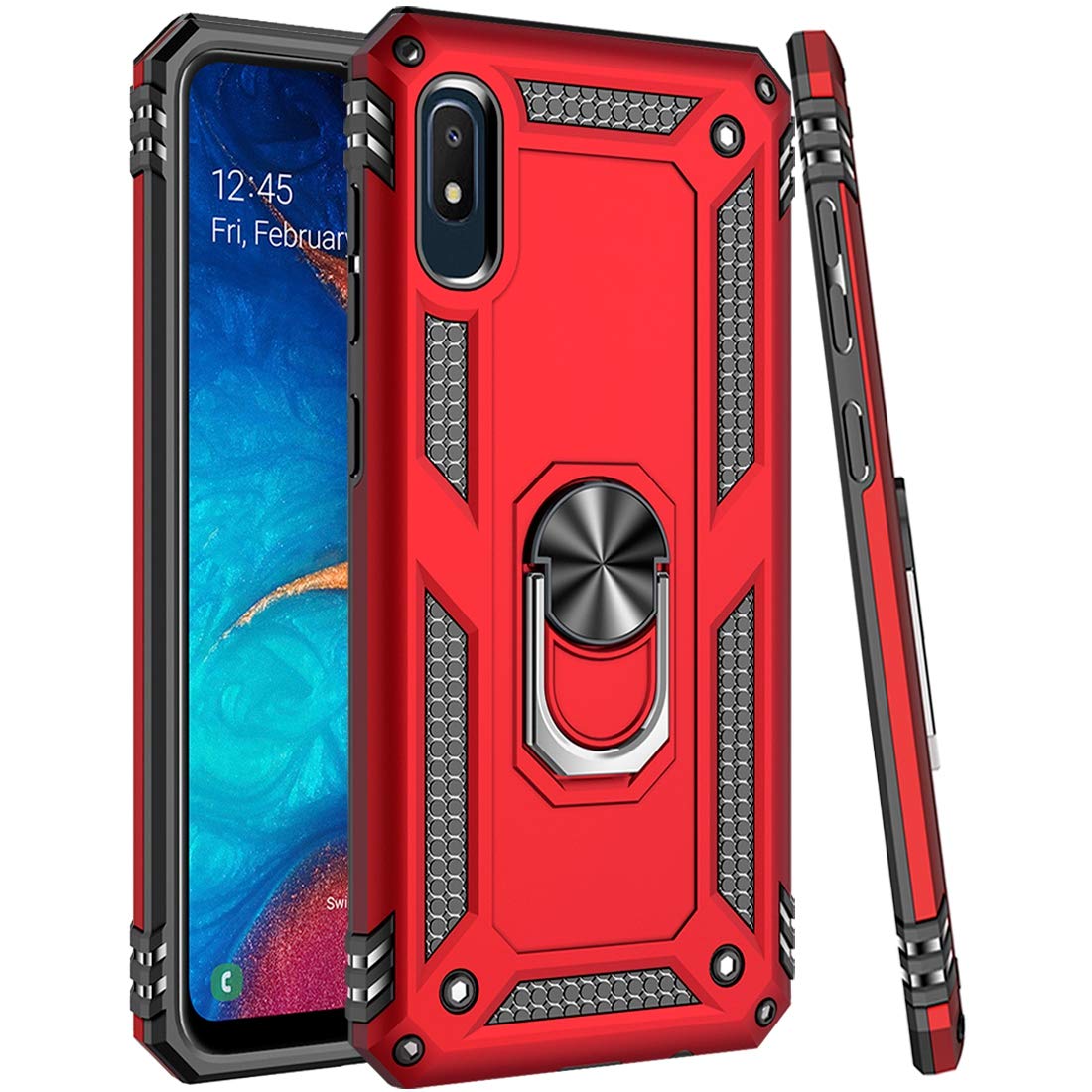 Military Grade Protective Phone Case for Samsung Galaxy A10E with Magnetic Car Mount & Kickstand - Shockproof Defender Cover for Everyday Use, Commuting and Travel (Red)