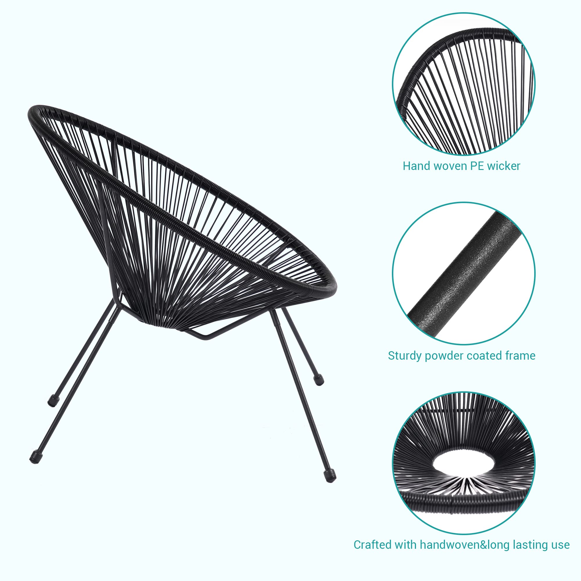 3-Piece Patio Furniture Set - Acapulco Chair with Tempered Glass Top Table & 2 Chairs - Indoor Outdoor Seating for Garden, Balcony, Poolside - Black