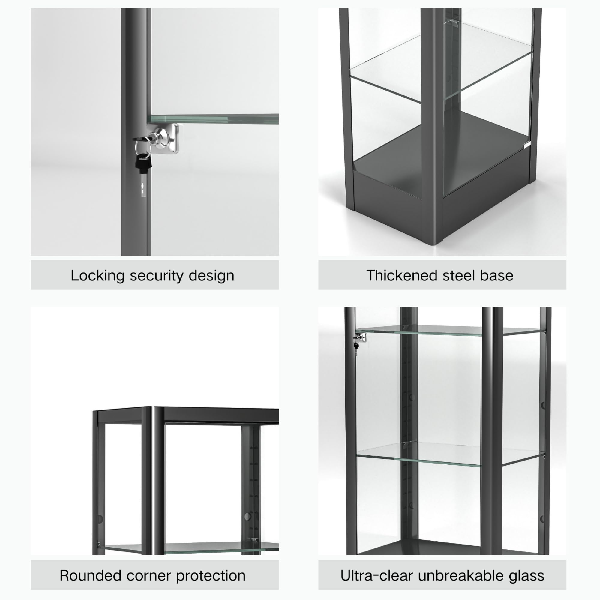 Modern Glass Display Cabinet with Adjustable 4 Shelves & Secure Lock - Black Curio Cabinet for Books, Toys & Collectibles (63