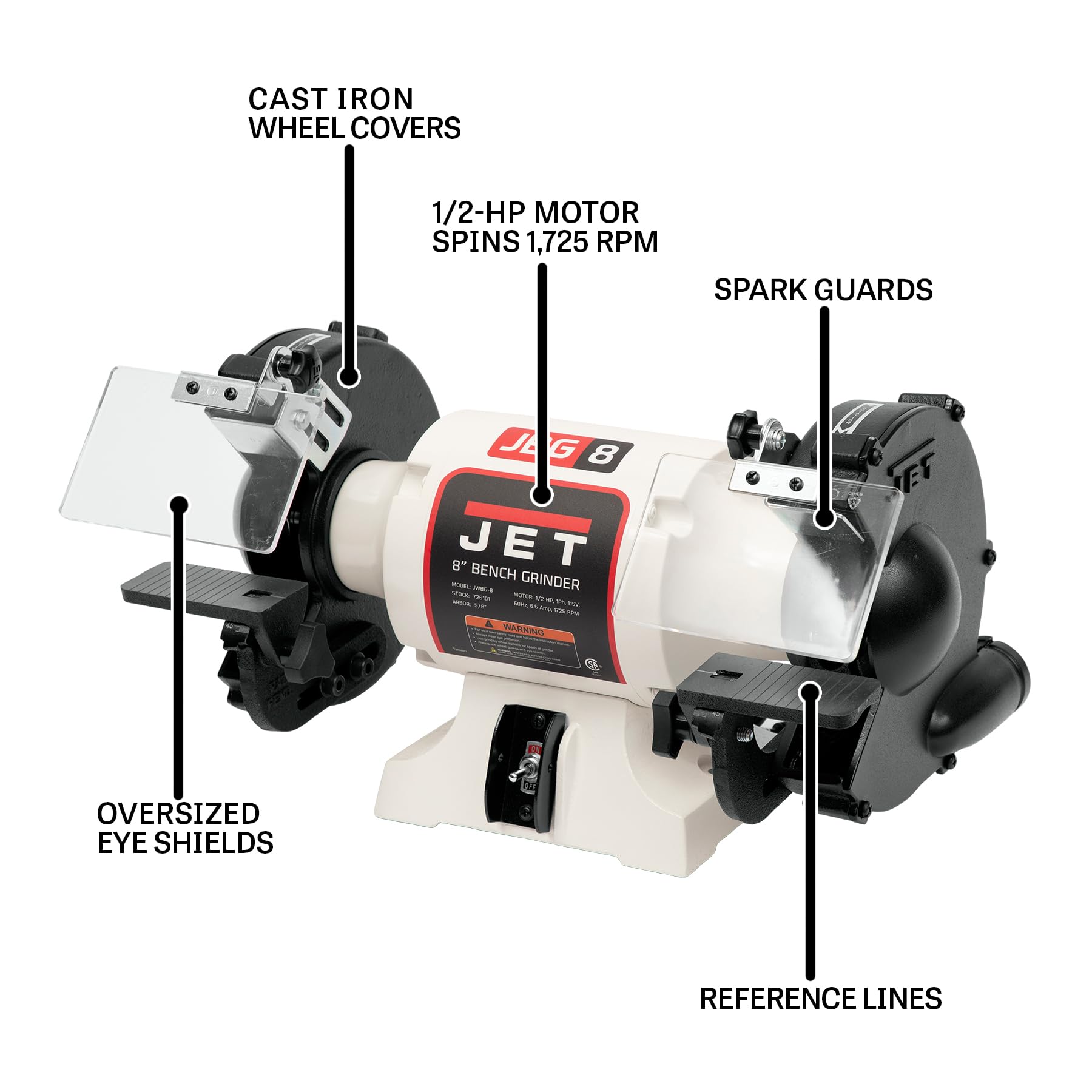 JET JWBG-8NW 8-Inch Bench Grinder - 1/2 HP, 1725 RPM, 115V Single Phase - Heavy Duty Metal Grinding & Sharpening Tool for Workshop, Garage & DIY Projects