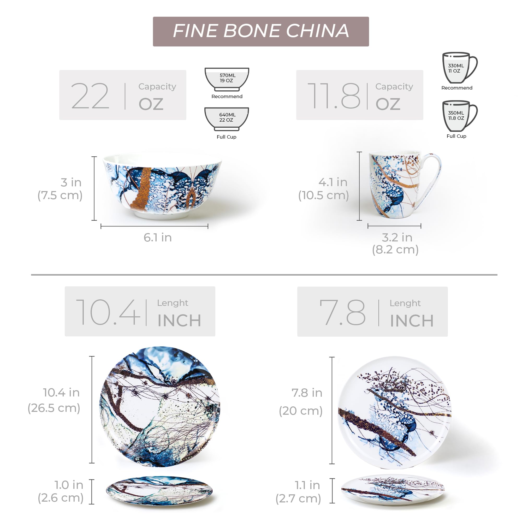 KOKEN 16-Piece Ceramic Dinnerware Set for 4 - Bone China Plates & Bowls (Dinner Plates, Salad Plates, Cereal Bowls) - Microwave Safe Dish Set - Perfect for Family Meals, Dinner Parties & Everyday Use