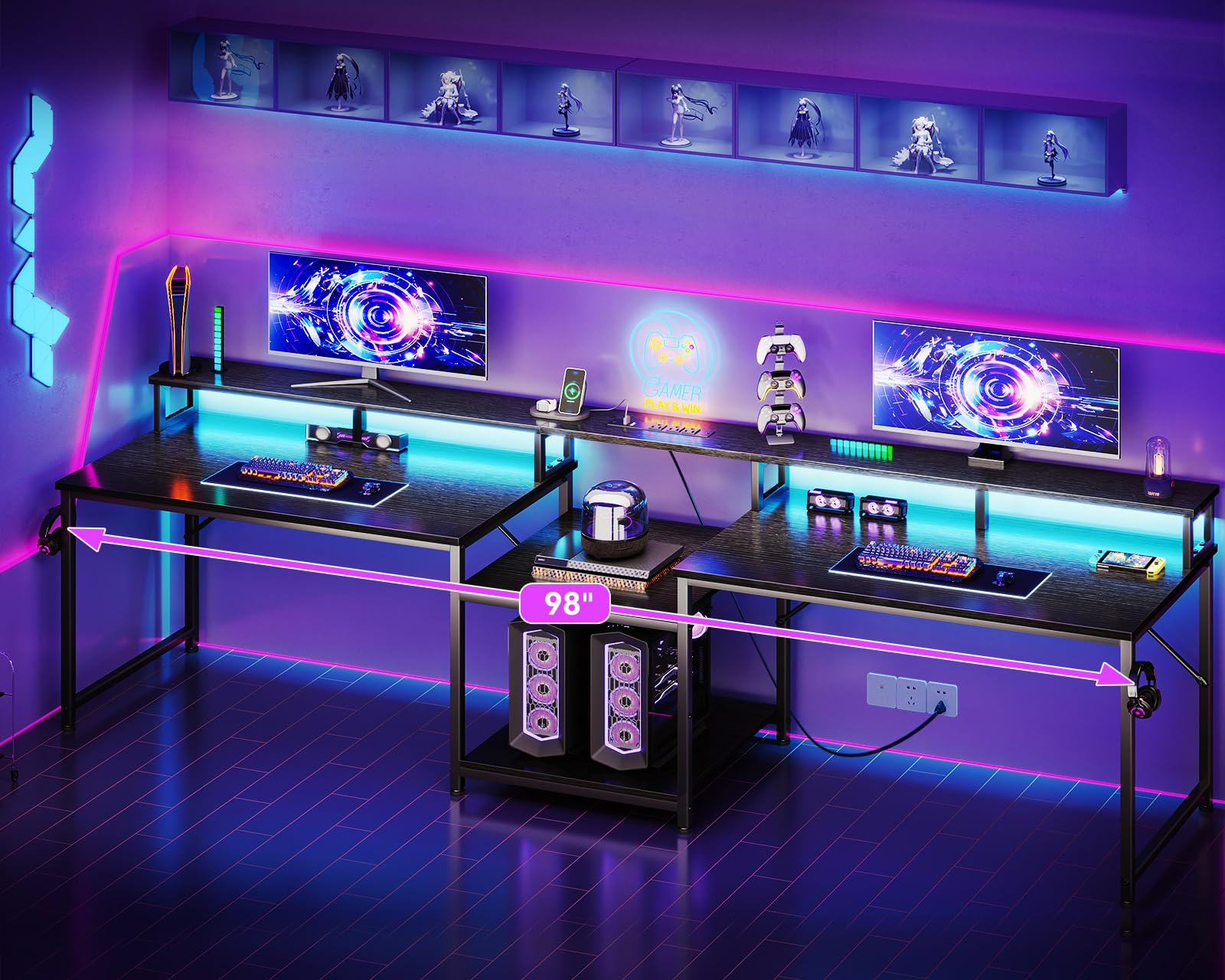 Coleshome 98 Inch 2-Person Gaming Desk with Storage Shelves - Large Double Home Office Computer Desk with USB Charging Port & LED Lights, Writing Desk with Monitor Stand - Modern Study/Work Table for Gamers & Professionals (Black) | Perfect for Gaming Setups, Home Office & Workspaces