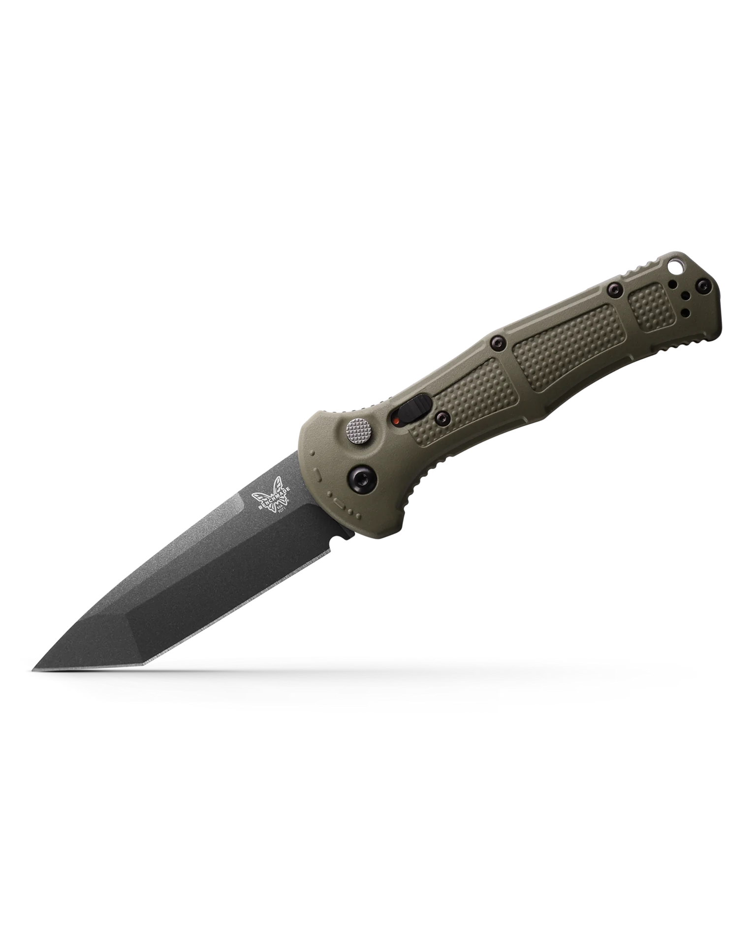 Benchmade 9071BK Claymore Auto Tanto Knife - Cobalt Black Plain Edge Blade with Ranger Green Grivory Handles - Tactical Folding Knife for Outdoor Survival, Camping & EDC